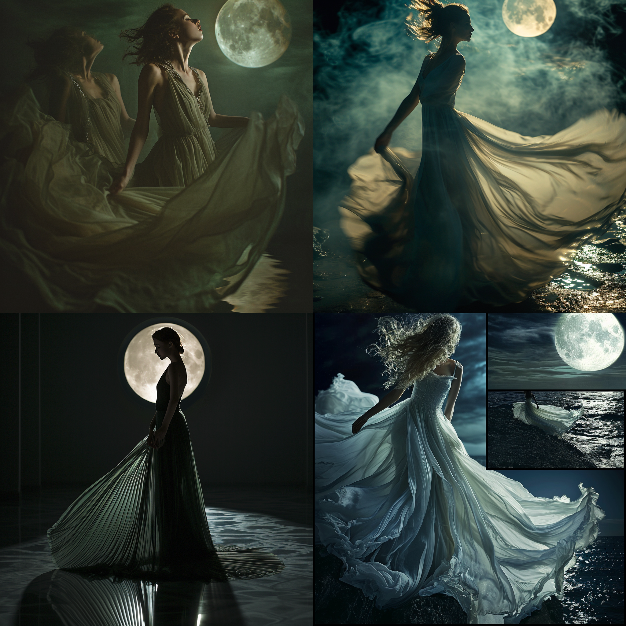 女子月光下，飘逸长裙，三视图，低角度，迷人光影，柔焦，梦幻般的环境，姿态优雅，自然风格，月亮倒影，神秘氛围，浪漫情感。