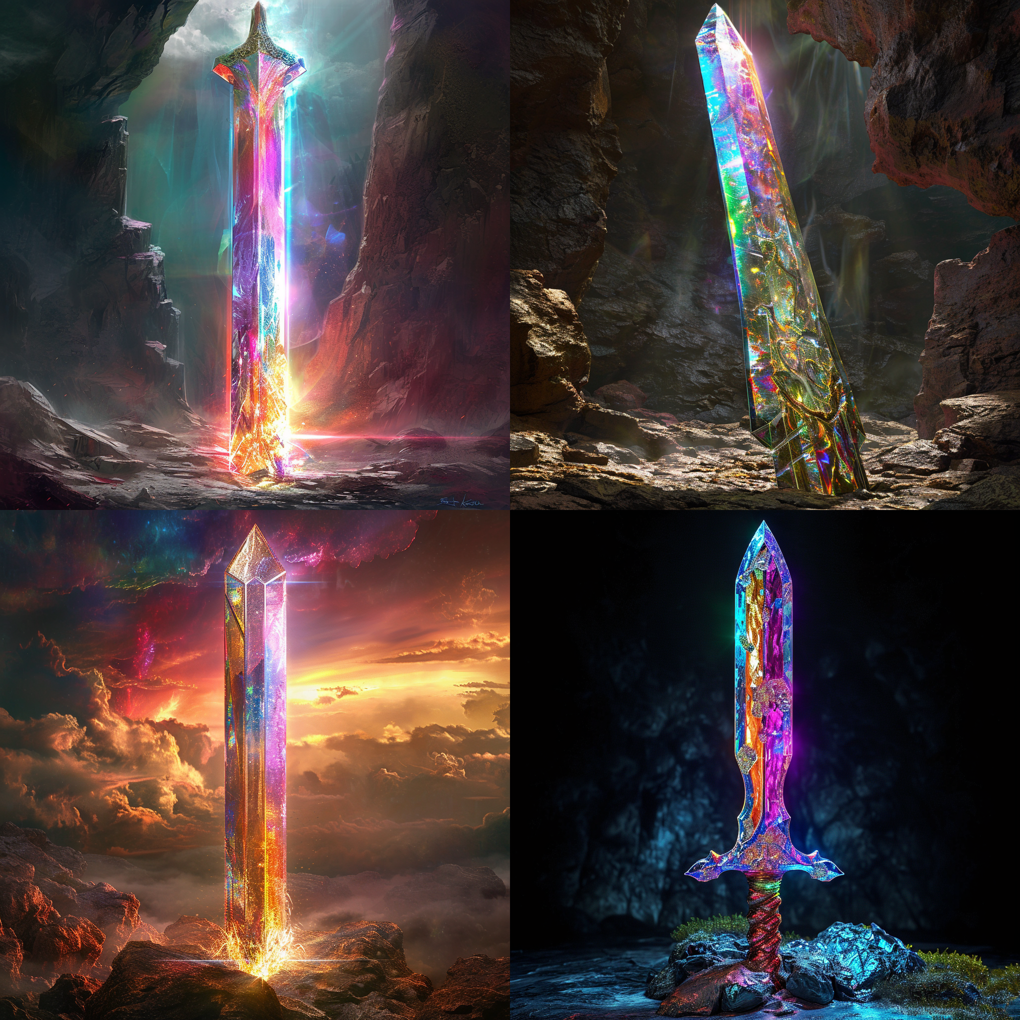 宝石巨剑，高清细节，前景中央，奇幻风格，光线透射，折射效果，多彩色调，层次感，剑身纹理，闪光，华丽，壮观。