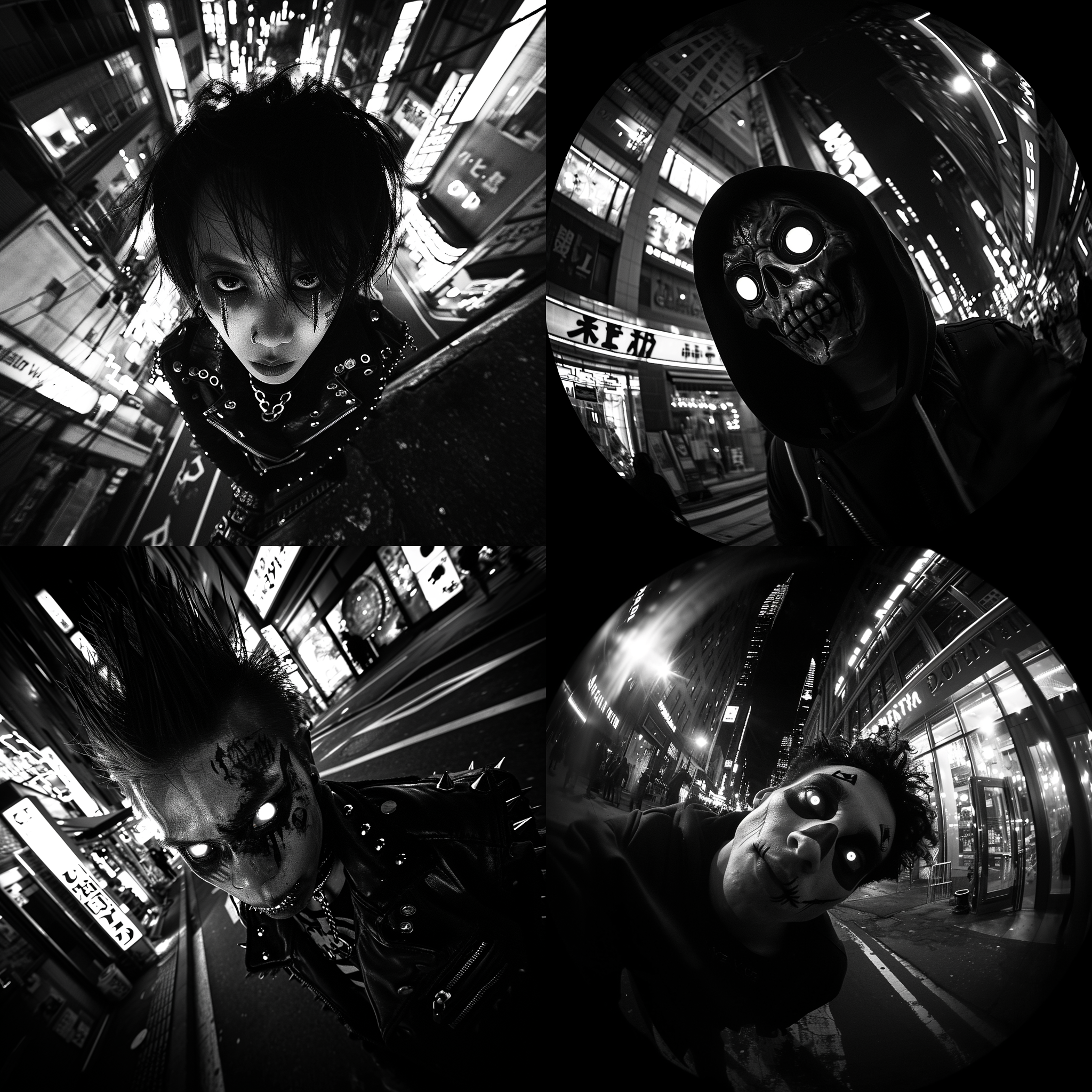 铁面人，朋克风格，黑白色调，高对比度，城市街道，鱼眼镜头，晚上，霓虹灯照亮，冷峻表情，立体感，刺激，神秘。