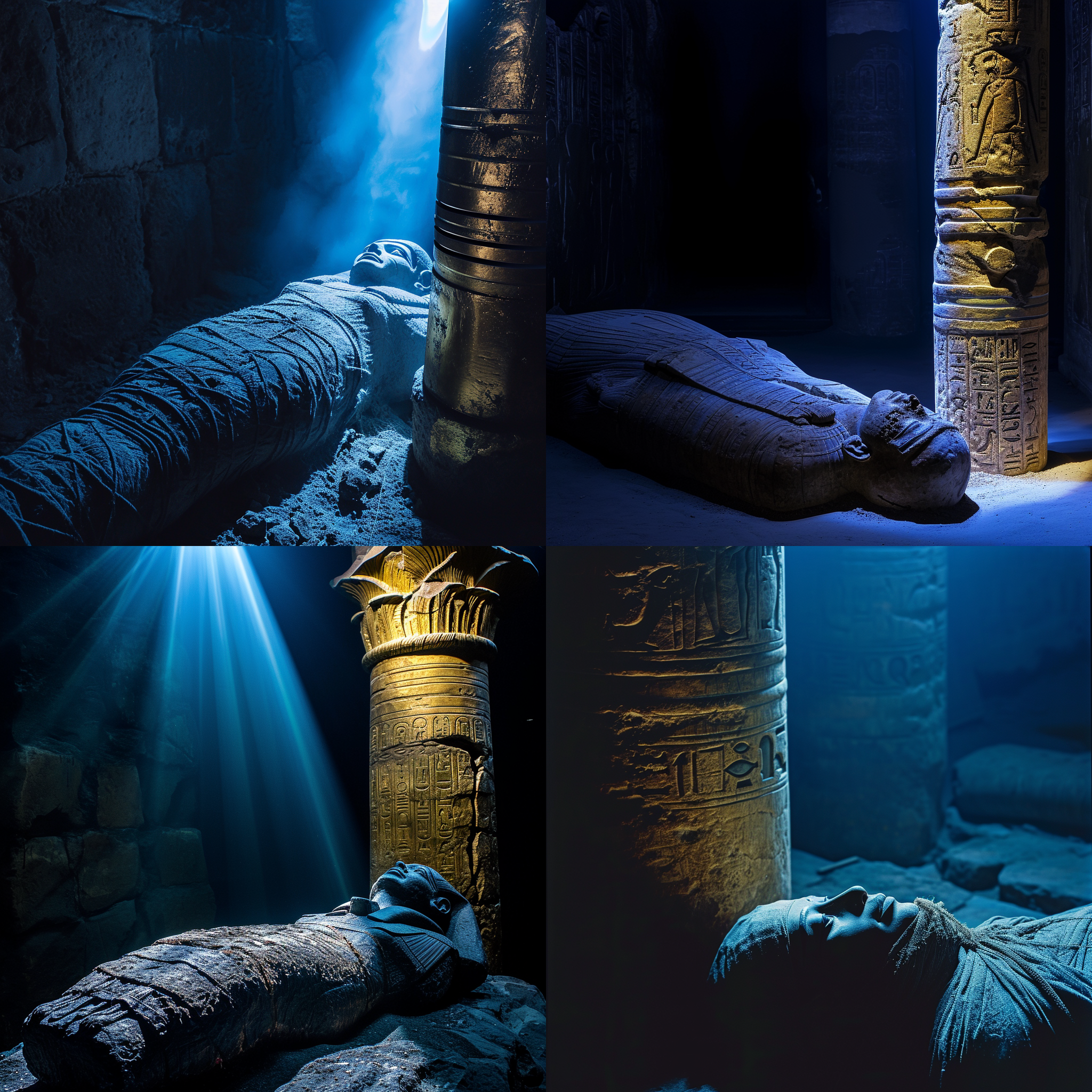 木乃伊展览，黑暗而神秘的地下室，一个完整的埃及木乃伊静静地躺在金色石柱旁。强烈的逆光照亮了木乃伊的轮廓，营造出神秘和古老的氛围。拍摄于低角度，使用长焦镜头突出木乃伊的细节，色调偏向蓝色，增加了冷酷感。古老与死亡的氛围中，散发着压抑和恐惧的气息。