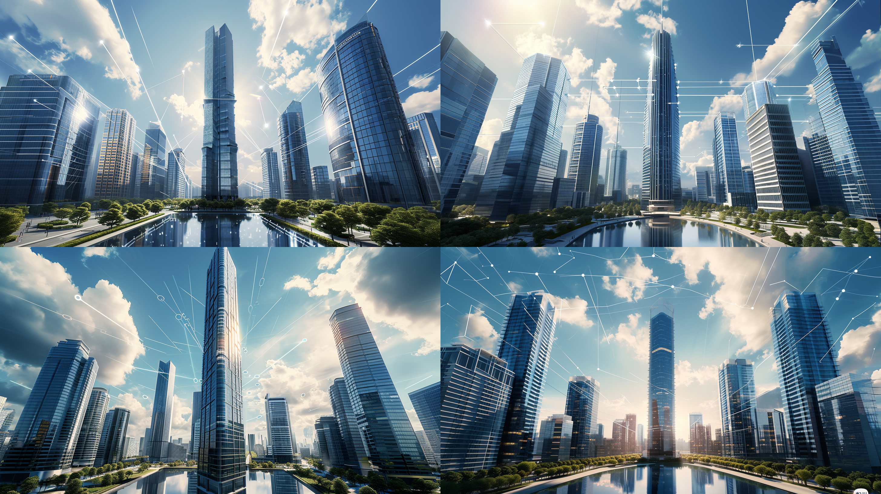 主图高耸商业大厦，写实风格，超高清2k图，蓝天白云，科技感，大楼间数据联通，宏观细节，高楼群，现代化，清晰明亮，透视效果，高对比度，天空的占图的一半，上半部都是蓝天白云，下部部分为建筑湖泊，
