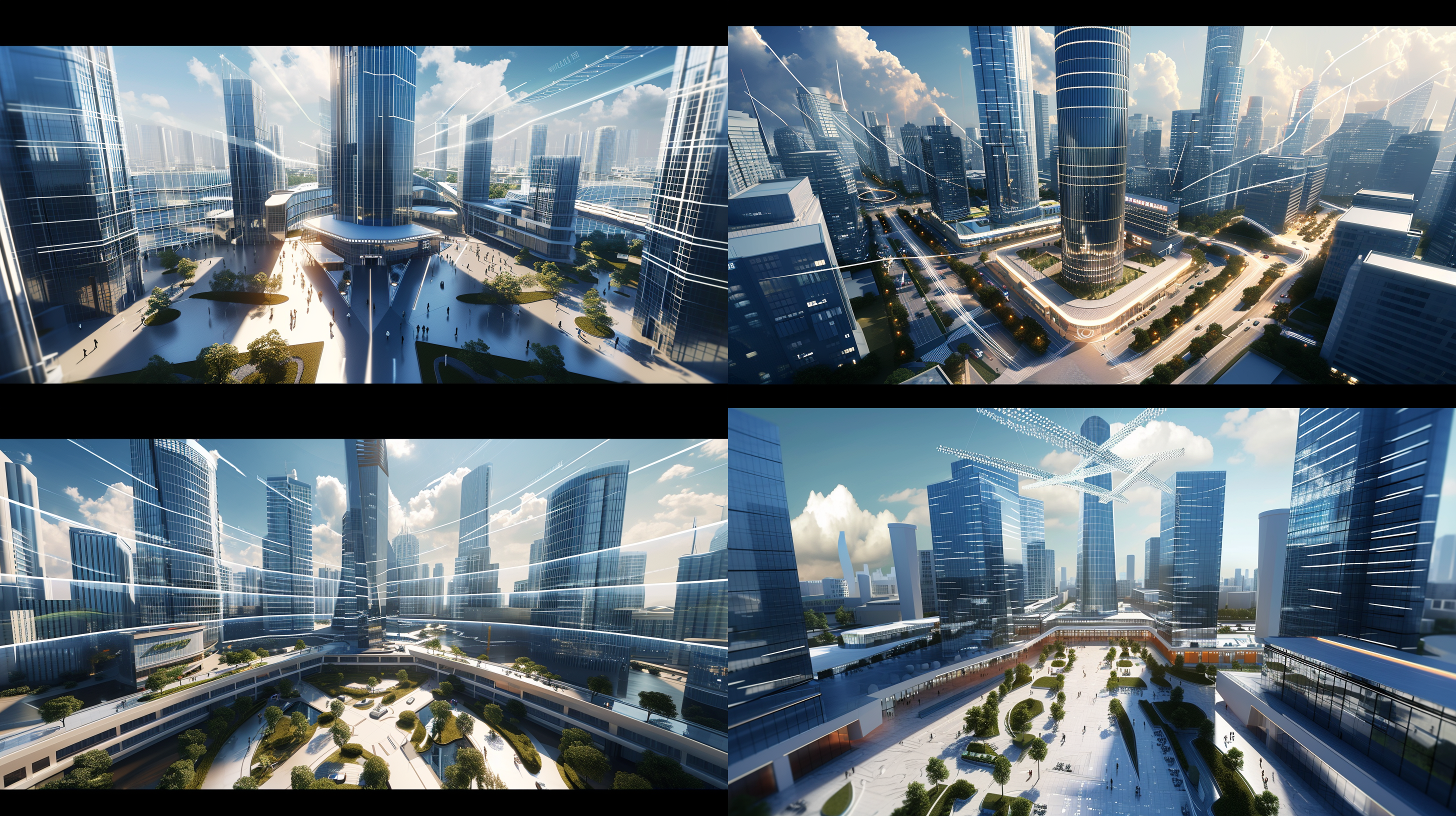 大楼俯瞰，高清2k，大场景，多建筑，对角线布局，现代风格，广角镜头，明亮光线，细节丰富，现代化，主体展现公司大楼。