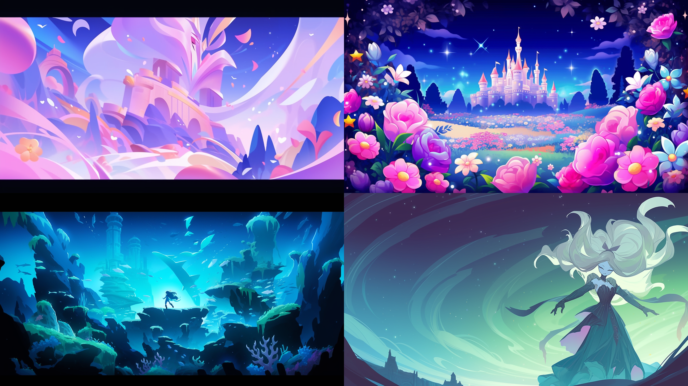 高对比度，五彩斑斓的绿植延伸在画面中。扭曲的城堡在花朵上。公主仰望空中，宽幅画面，细节丰富，深蓝的星空背景。柔光照射，温暖氛围，欢快动作，奇幻元素，童真情感。童话森林，魔幻色彩的手绘插画风格。