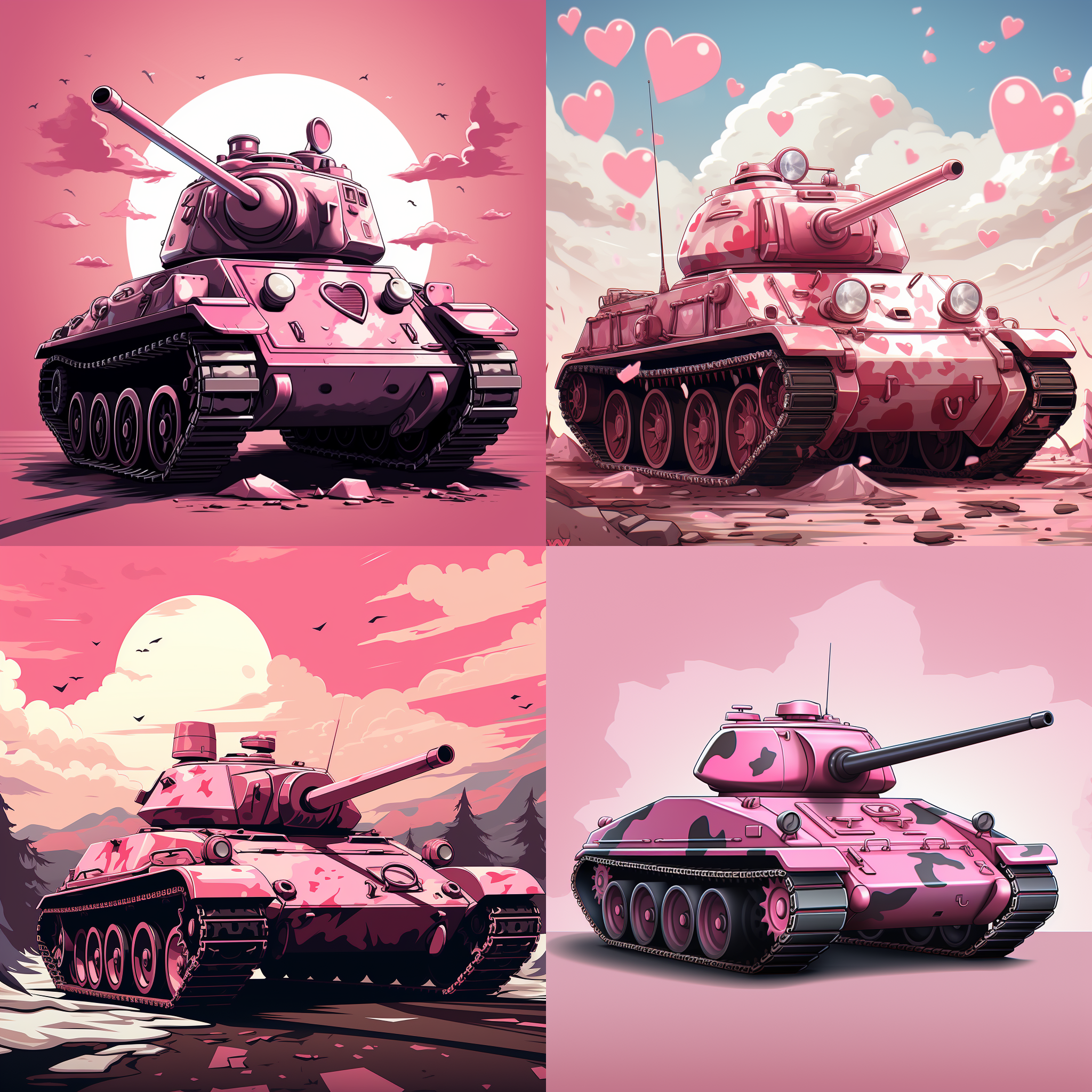 二维漫画风格，粉红色涂装的t34-85坦克，背景为粉红色的爱心