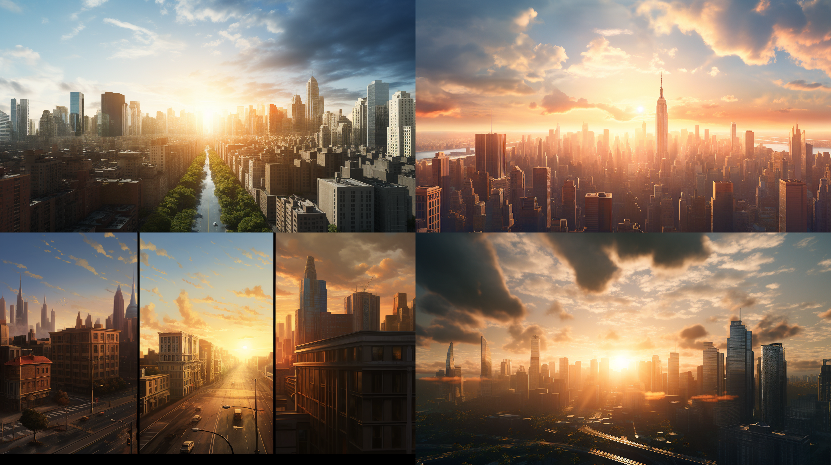 增加清晨阳光洒下，远景，增加多栋商业建筑