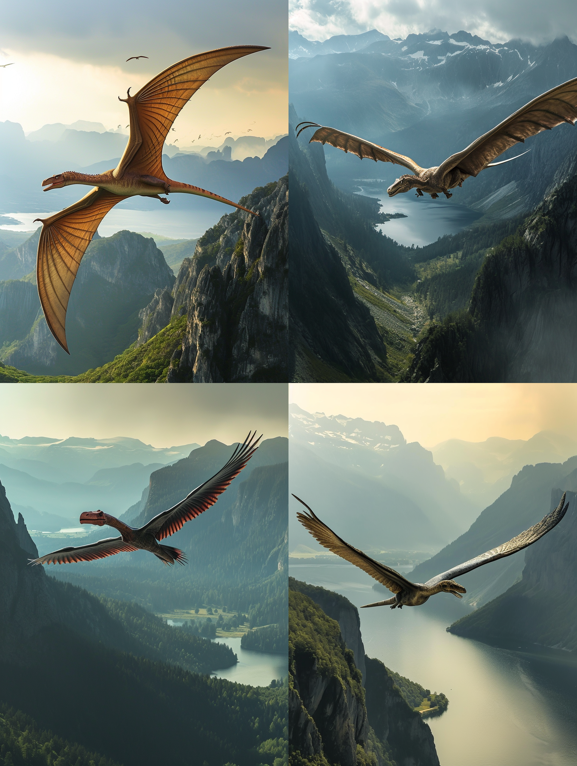 在侏罗纪场景中，hatzegopteryx翱翔天际，背景是广阔的山脉和湖泊。照片采用鸟瞰视角，以展现其巨大的翼展和威严的姿态。使用长焦镜头捕捉细节，光线柔和，呈现出温暖的色调。动作流畅而优雅，传递出力量与自由的感觉。恐龙，飞行，壮丽，自然，史前，震撼，宏伟。