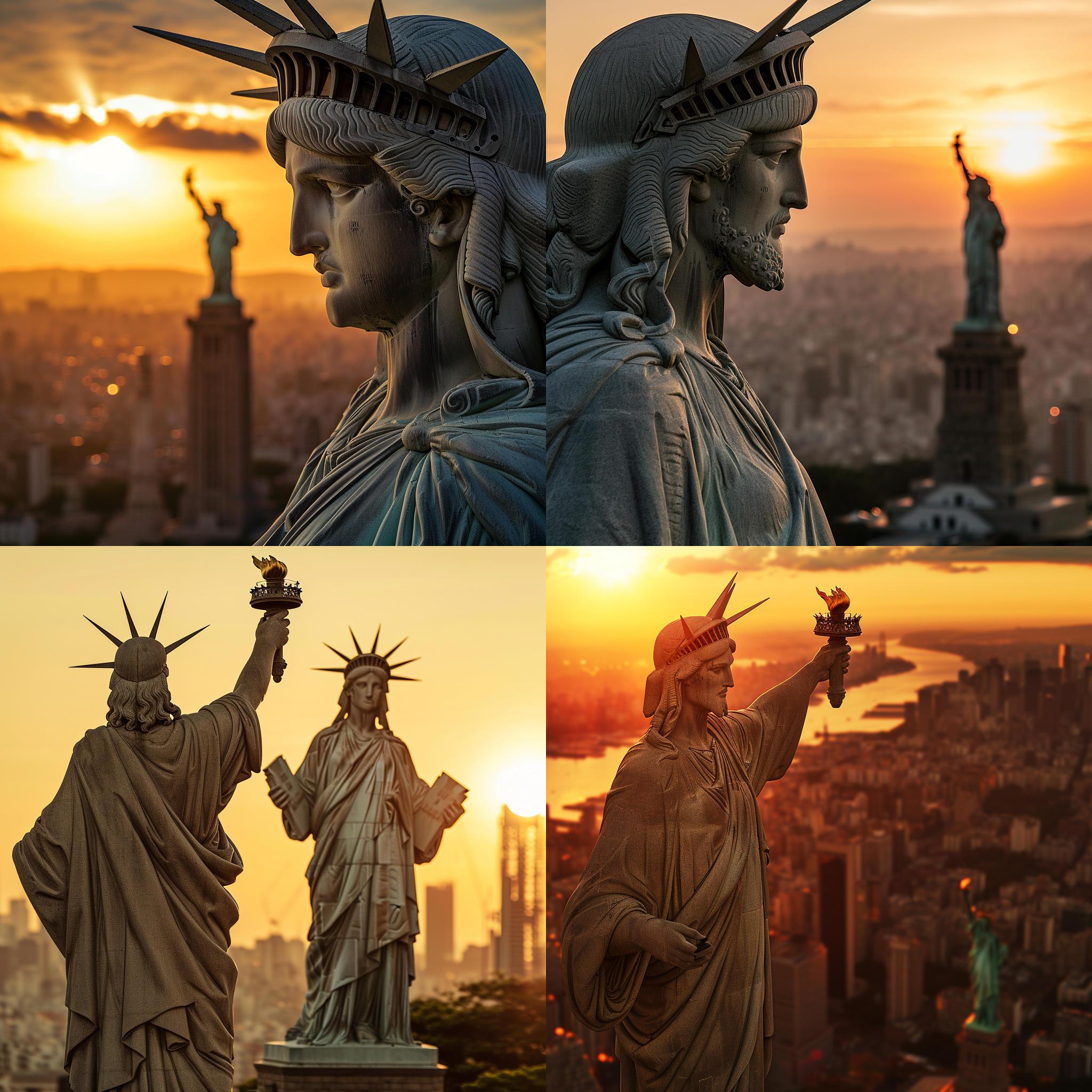statue of jesus in brazil and statue of liberty in new york in the same frame, symmetrical composition, city sunset background, rich in detail, statue of jesus in brazil in warm tones, statue of liberty in new york in cool tones, telephoto lens, backlight, sunset shining, solemn, magnificent.