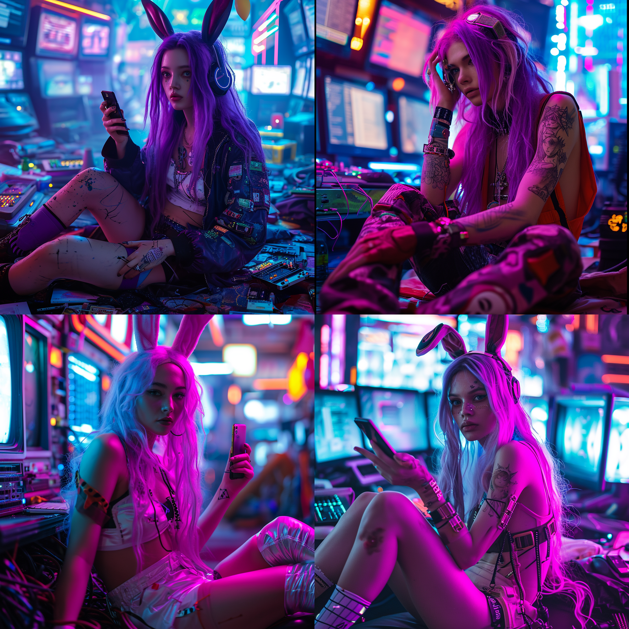 一个美丽的白人少人留着紫色的长发，坐在一堆电脑之间，手里拿着未来科技手机，身穿齐胸橡胶兔女郎装，赛博朋克2077的世界观，面对镜头，周边有霓虹灯光，八字坐姿，放松，最佳质量