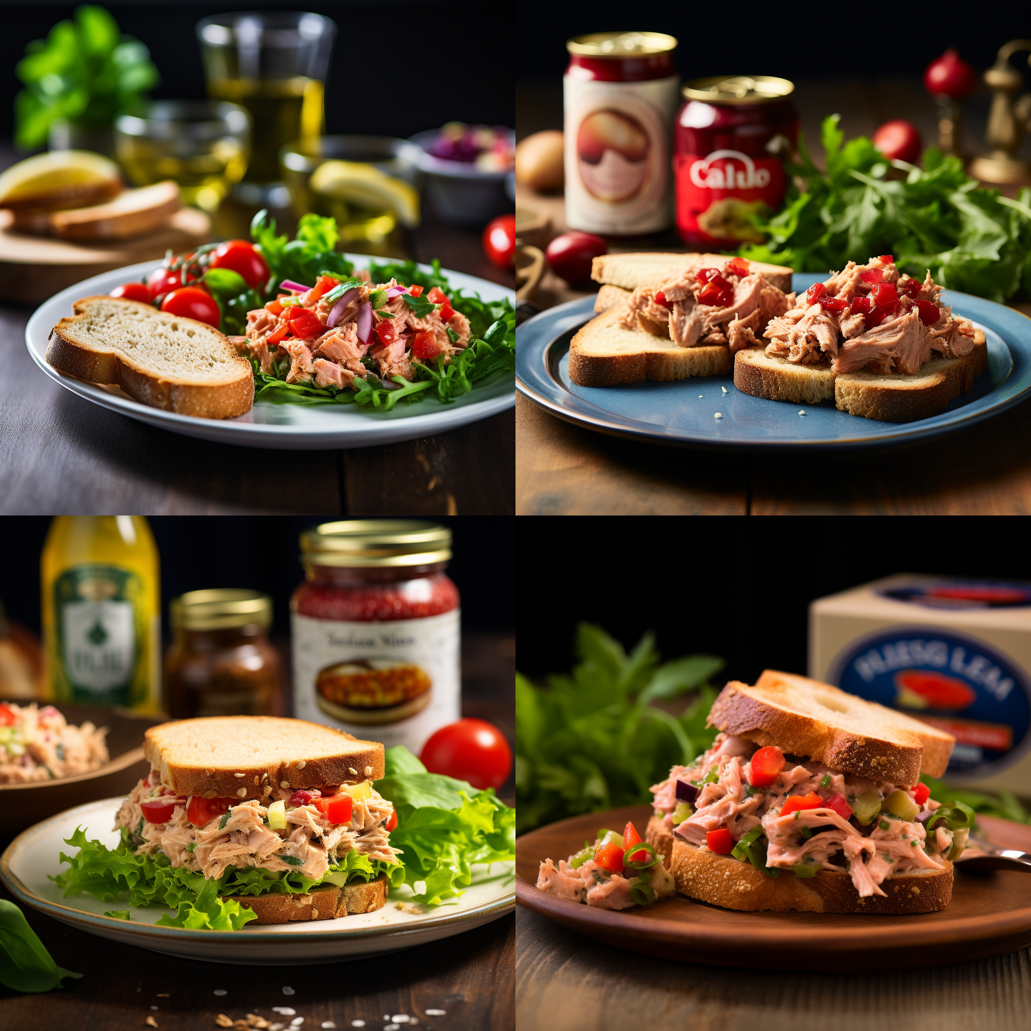 callipo金枪鱼罐头，红色正方形包装，金枪鱼罐头制作的三明治和沙拉菜，美味摆盘，鲜艳色彩，高清晰度，食物摄影风格，餐厅环境，中焦镜头，自然光，诱人，新鲜感，健康。