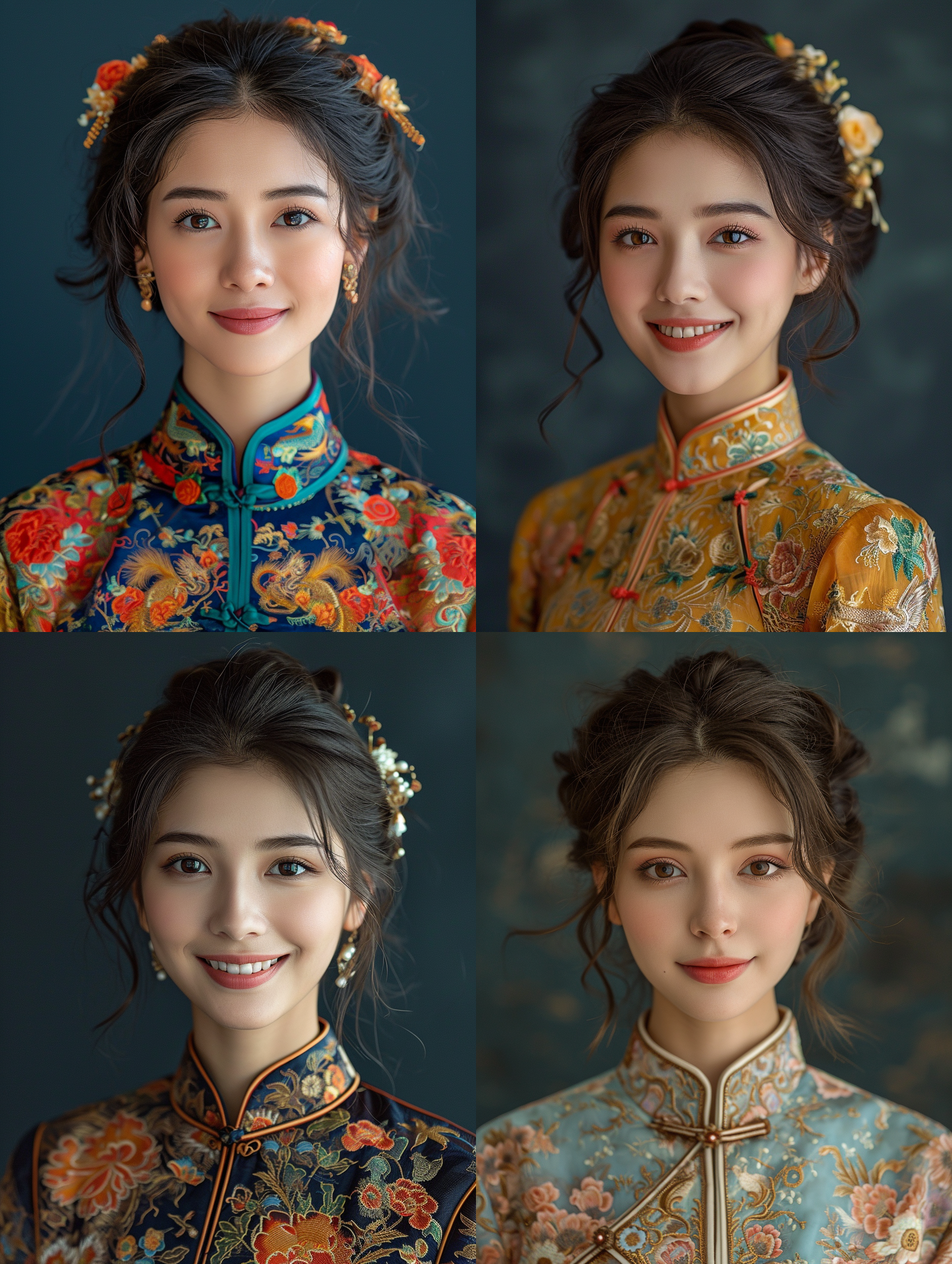 微笑的的25岁中国漂亮女孩，穿着古代清朝服饰，渐变黑色背景，肖像，细节丰富，色彩鲜艳，脸部表情自然，传统气息，自信，优雅 长焦拍摄 对称构图 伦勃朗光 超现实主义