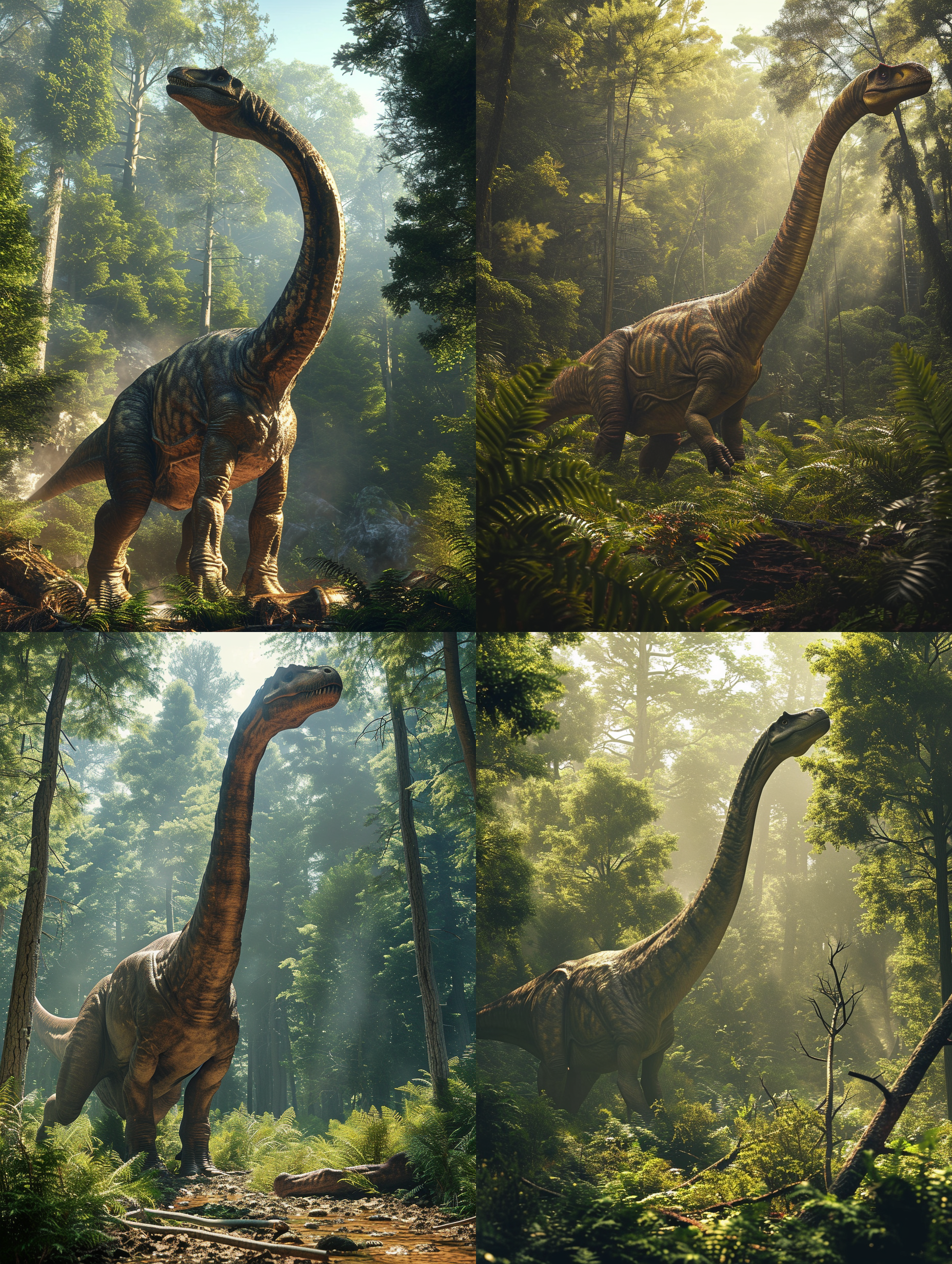 侏罗纪apatosaurus，巨大的植食性恐龙，身处在翠绿的森林中。它高举脖子，昂首挺胸，整个身体与周围环境形成鲜明对比。画面采用广角镜头，捕捉到了广阔的森林景色。光线柔和，照亮了apatosaurus的细节，呈现出一种庄严而温暖的氛围。豪华的绿色、森林的纹理和apatosaurus的威严相互辉映，唤起观者内心深处的敬畏之情。