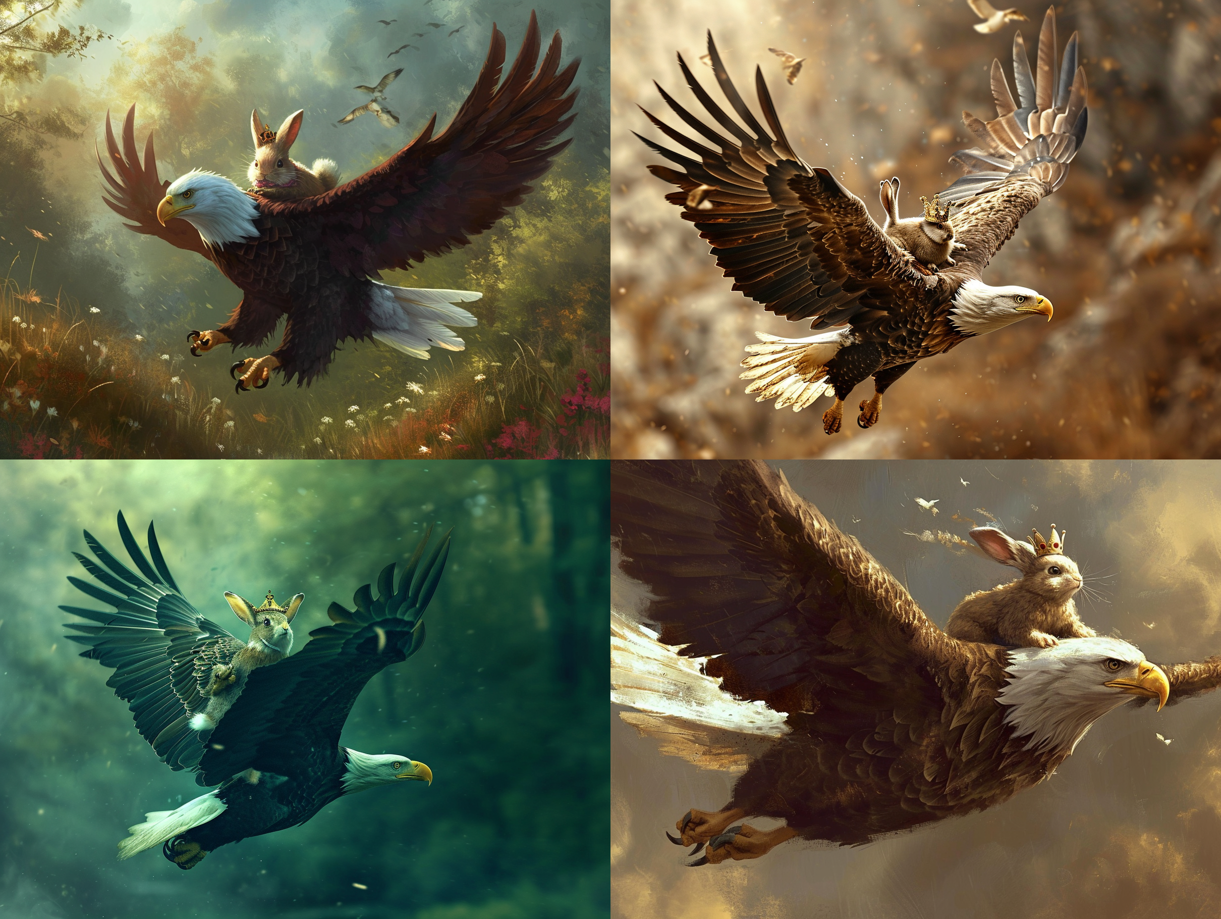 一只白头雕展开翅膀飞翔，白头雕背上坐着一只兔子，兔子带着王冠