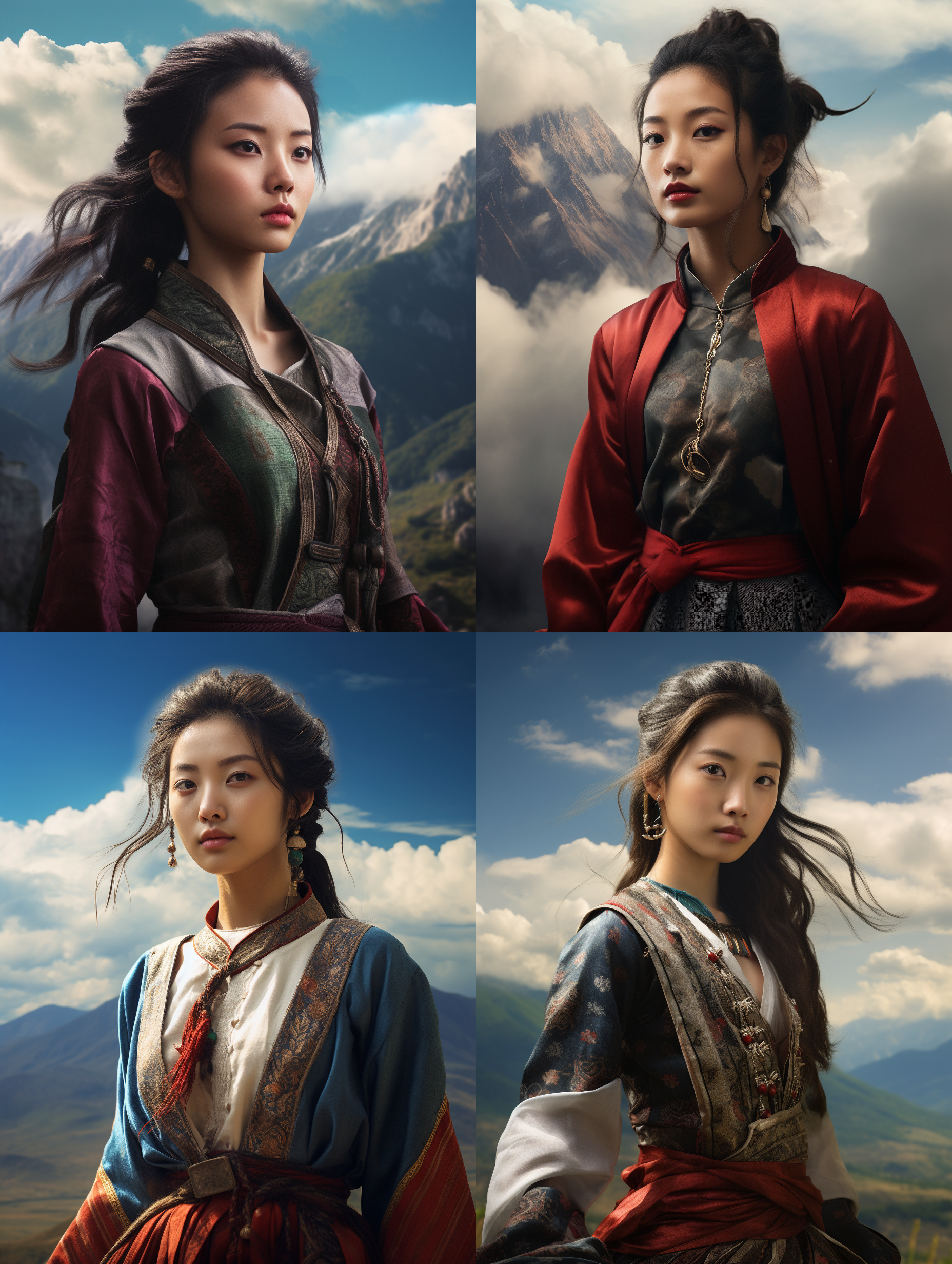 中国女孩，民族风格，半身照，背景为模糊的大山和云,照片写实