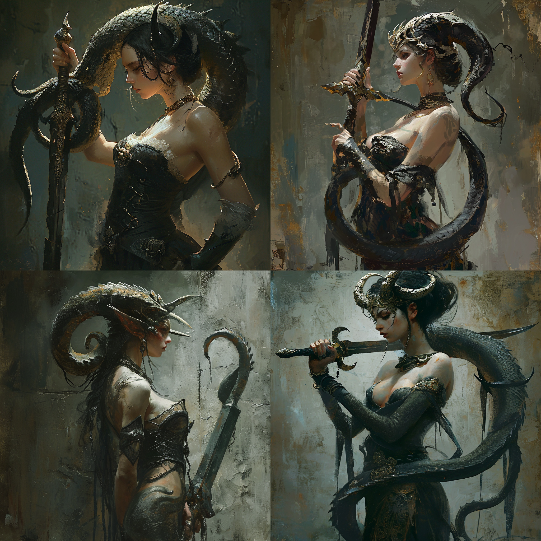 a woman with a snake like body holding a sword in her hand and a snake like body with horns, concept art, fantasy art, dark fantasy, aleksi briclot
