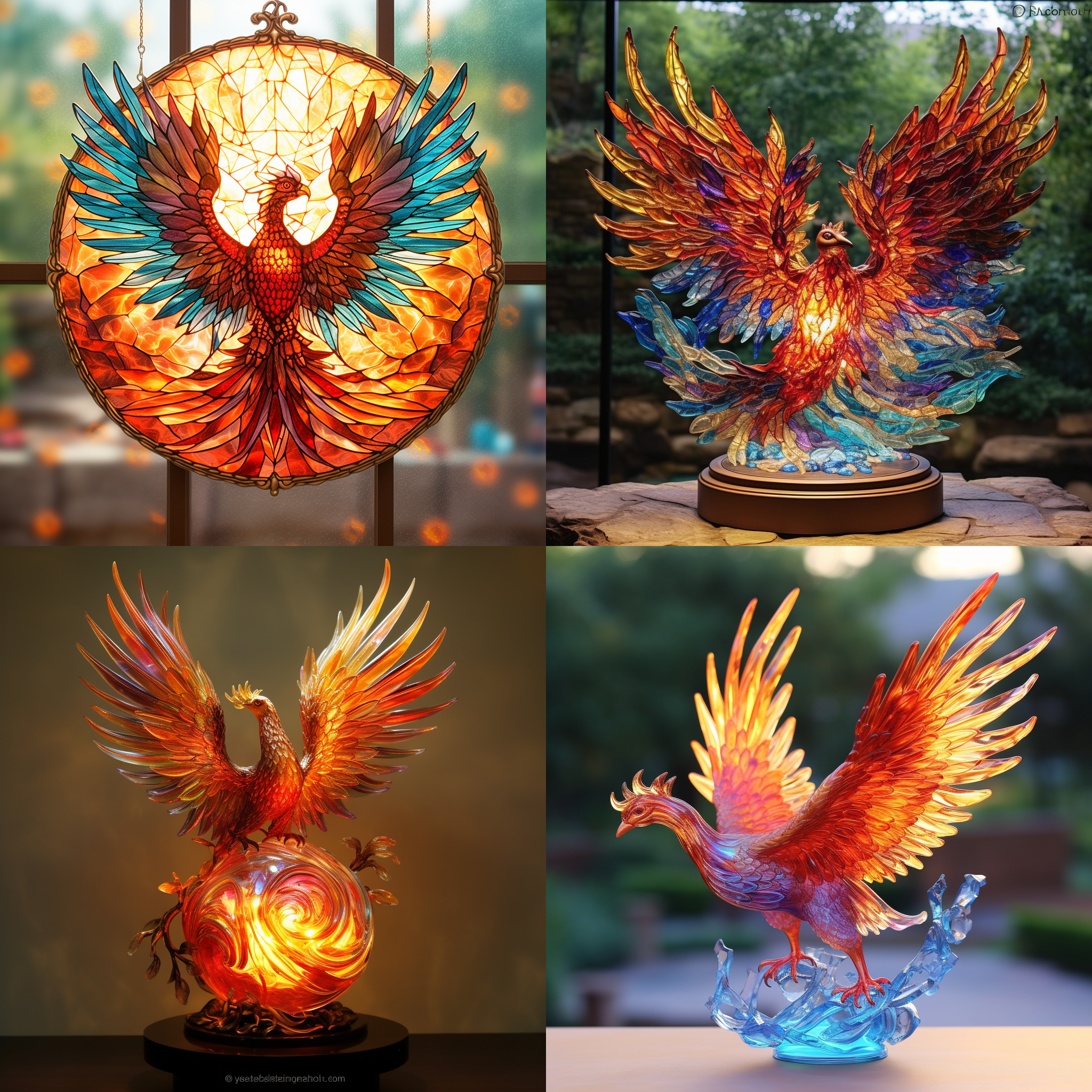 凤凰在奇幻世界中展翅飞翔，周围是由彩色玻璃构成的华丽背景，散发出迷人的发光效果。画面以柔和明亮为主，色调温和柔和，光泽度好。镜头使用广角镜头，捕捉到凤凰优美的姿态，充满力量与神秘感。整个场景充满了浪漫和魔幻的氛围，让人沉醉其中。
