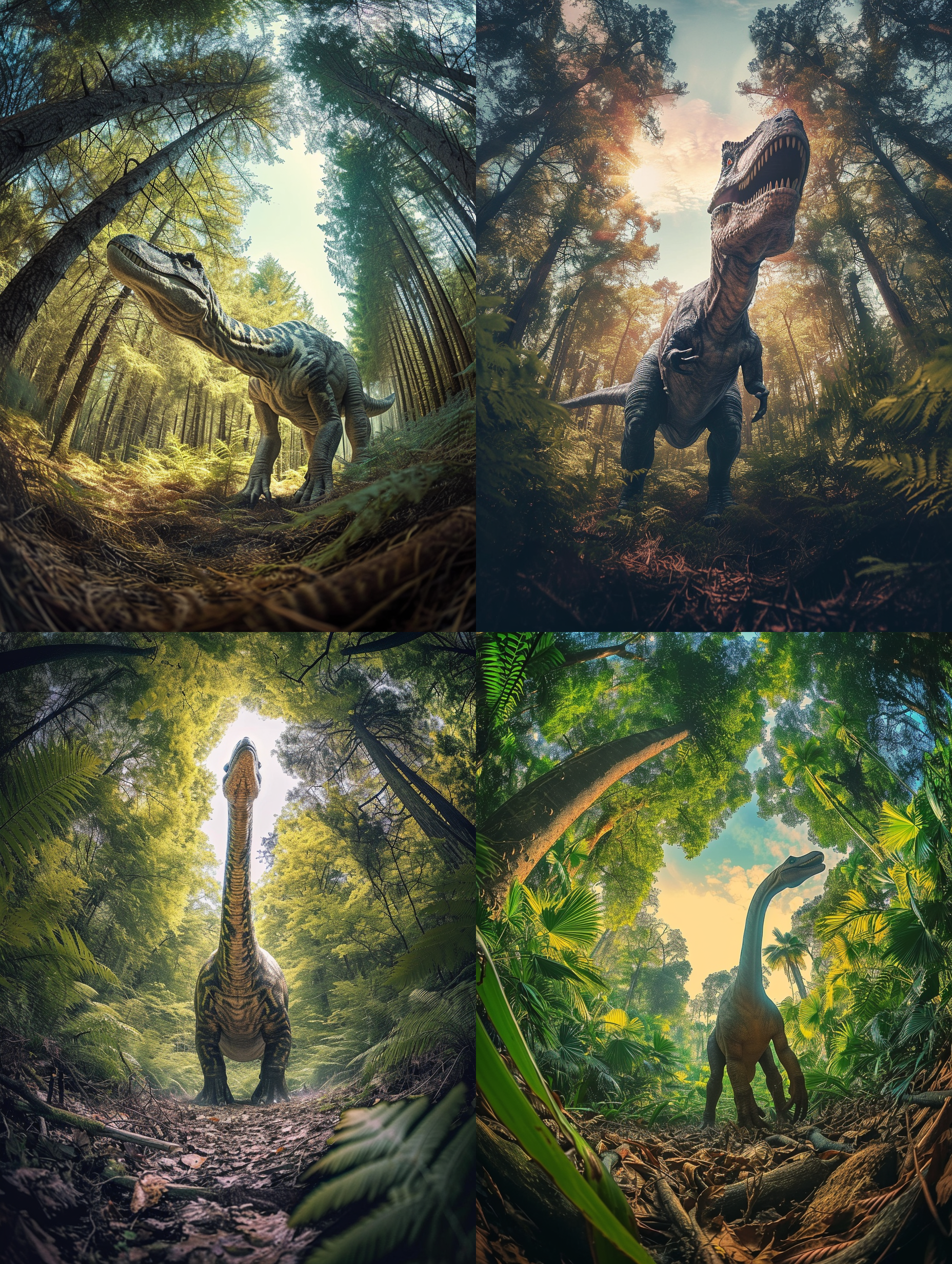 侏罗纪场景中quaggaarsaurus，远景中一只巨大的恐龙从森林中走出。构图对称，以恐龙为主体，背景为茂密的森林。使用鱼眼镜头，明亮的自然光线，呈现清晰的细节和鲜艳的色彩。恐龙显得威武而庄重，整个画面充满了古老与神秘的氛围。