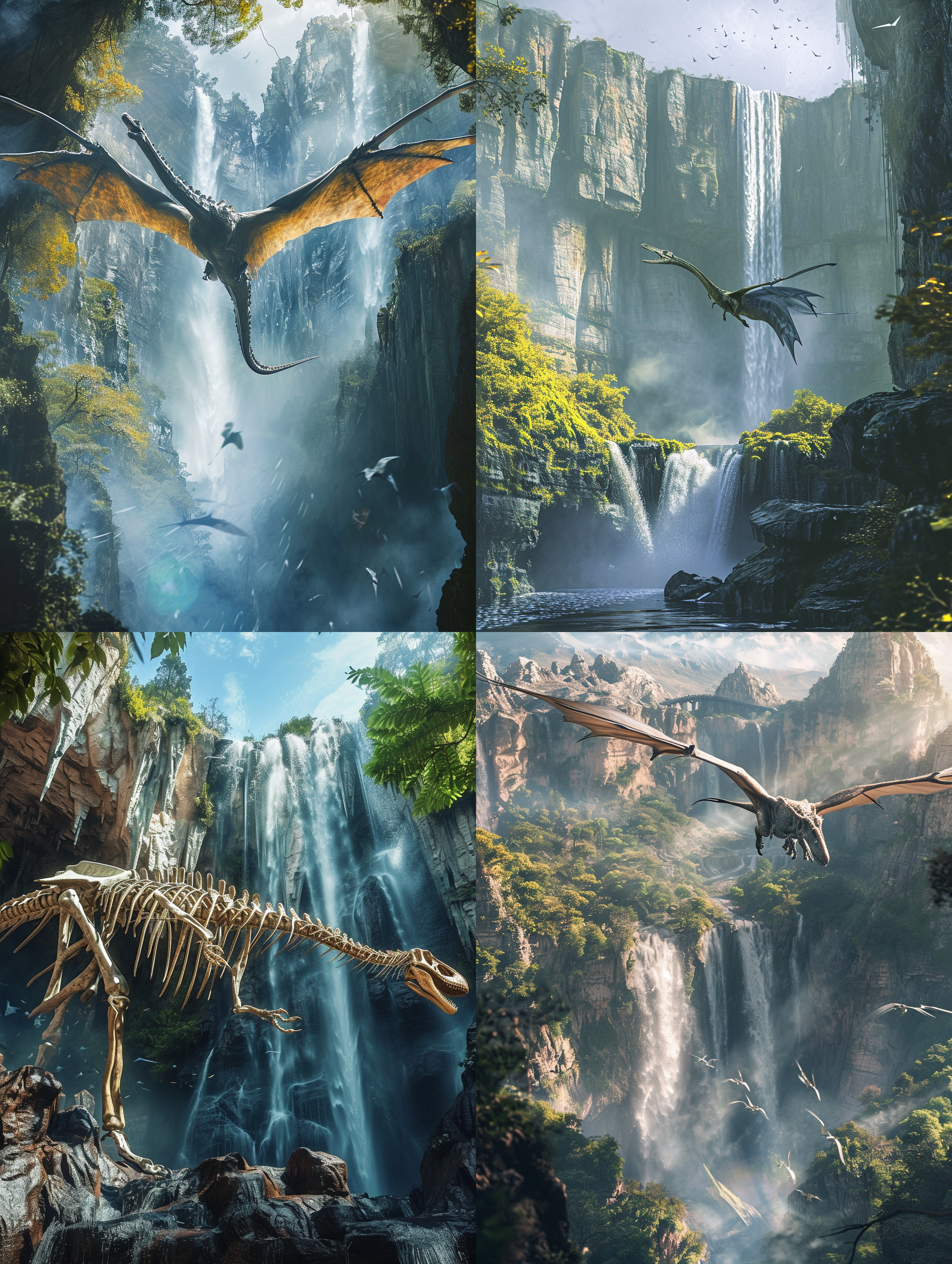 飞过一片瀑布。远景中，巨大的恐龙骨架映衬着壮观的瀑布景色。照片采用广角镜头拍摄，突出侏罗纪时代的广袤和震撼。明亮的自然光照射在瀑布和恐龙骨架上，形成强烈的对比度。rhamphorhynchus在空中飞行，展翅欲飞。场景充满了神秘感和古老气息。侏罗纪，瀑布，广角镜头，对比度，自然光，飞行，神秘，古老。