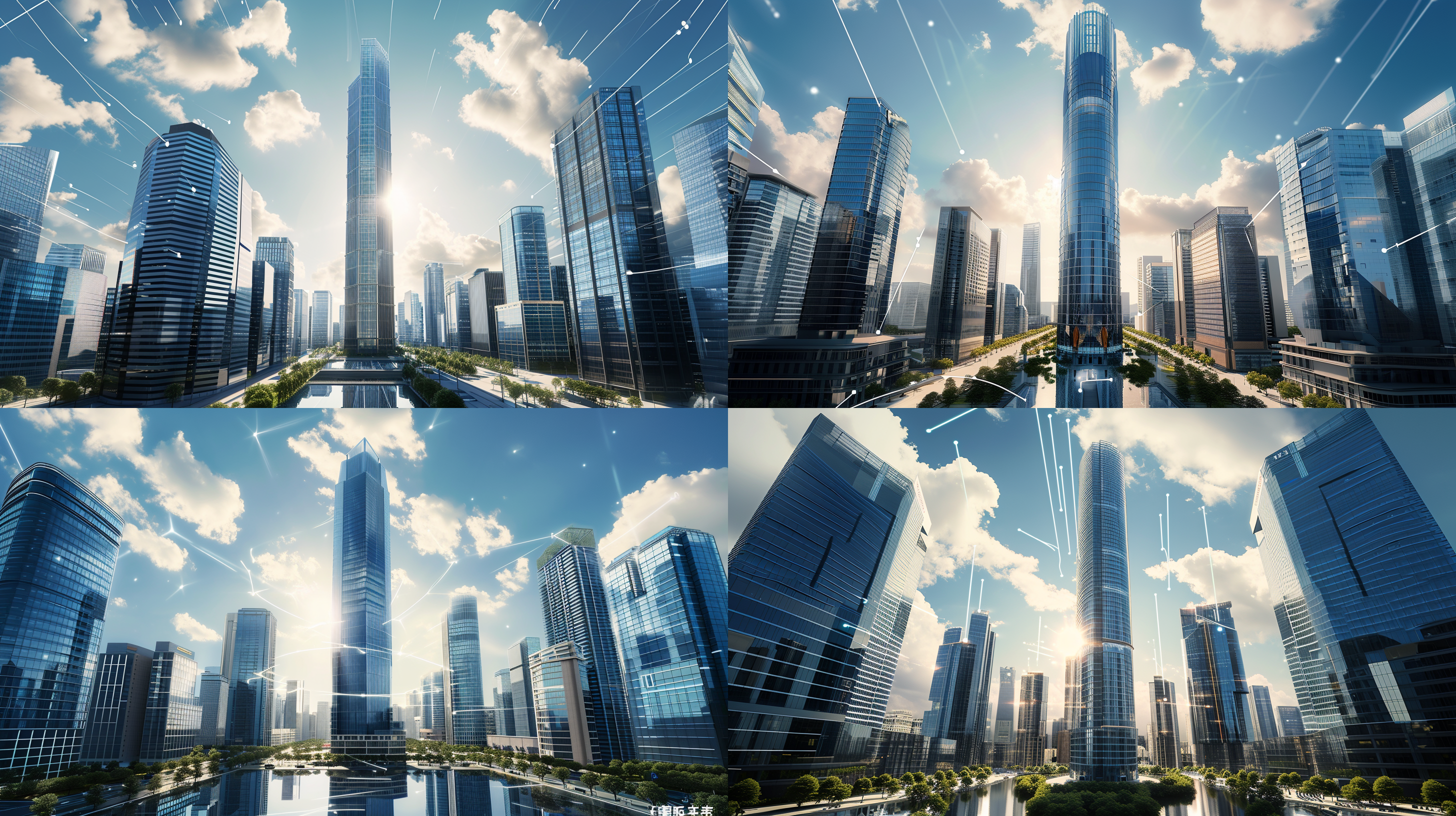 主图高耸商业大厦，写实风格，蓝天白云，科技感，大楼间数据联通，宏观细节，高楼群，现代化，清晰明亮，透视效果，高对比度。