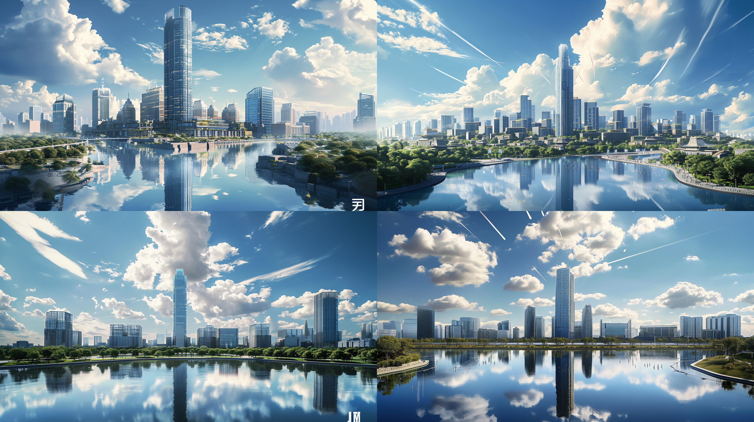 第三幅图，天空的占图的一半，上半部都是蓝天白云，下部部分为建筑湖泊