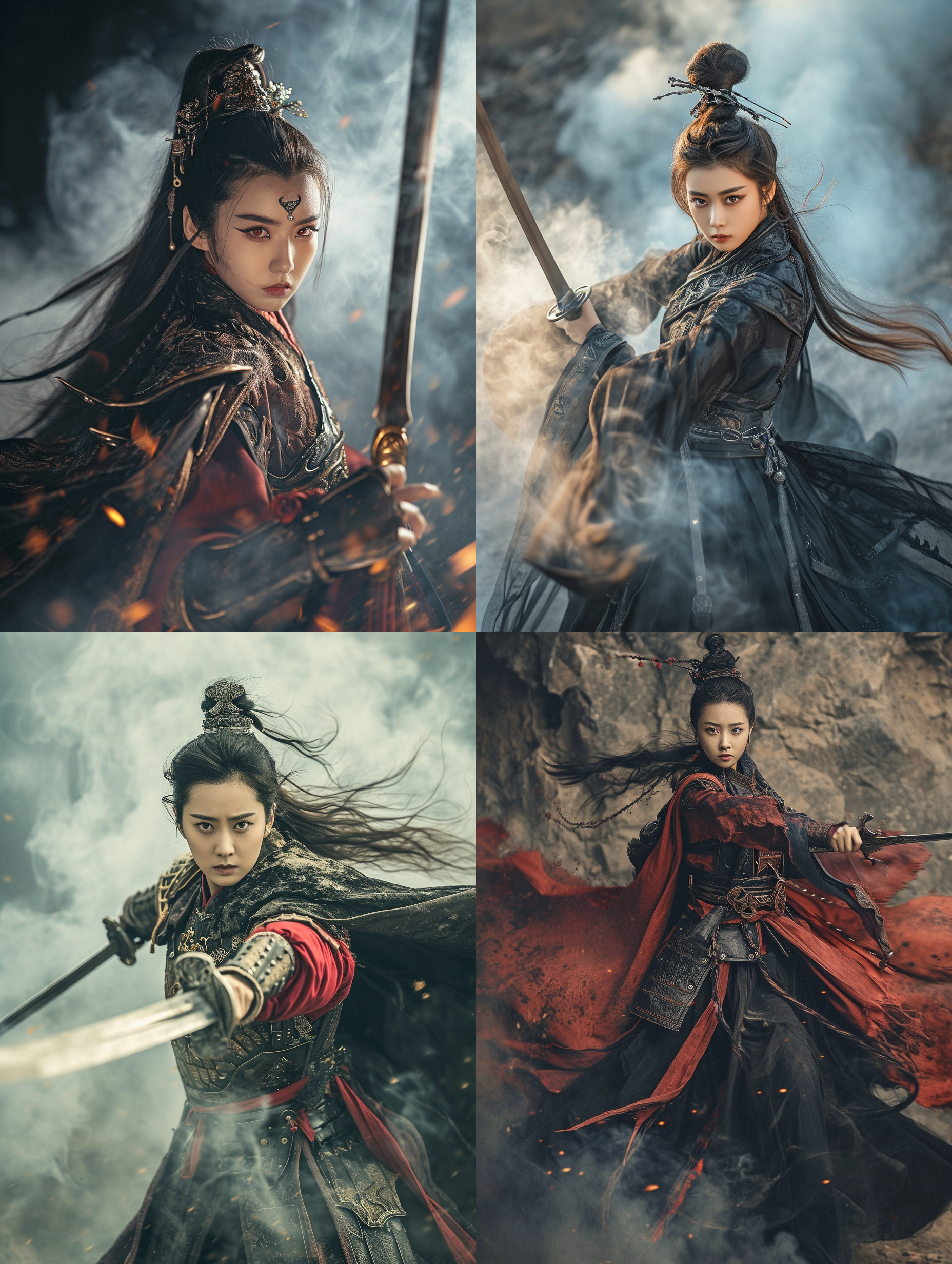 古代中国女将，英勇而酷炫，全身穿着朋克风格服装，战斗在战场上，目光可怕，披风飘逸，烟雾弥漫，广角镜头，高速快门，剑舞动作，威武霸气。