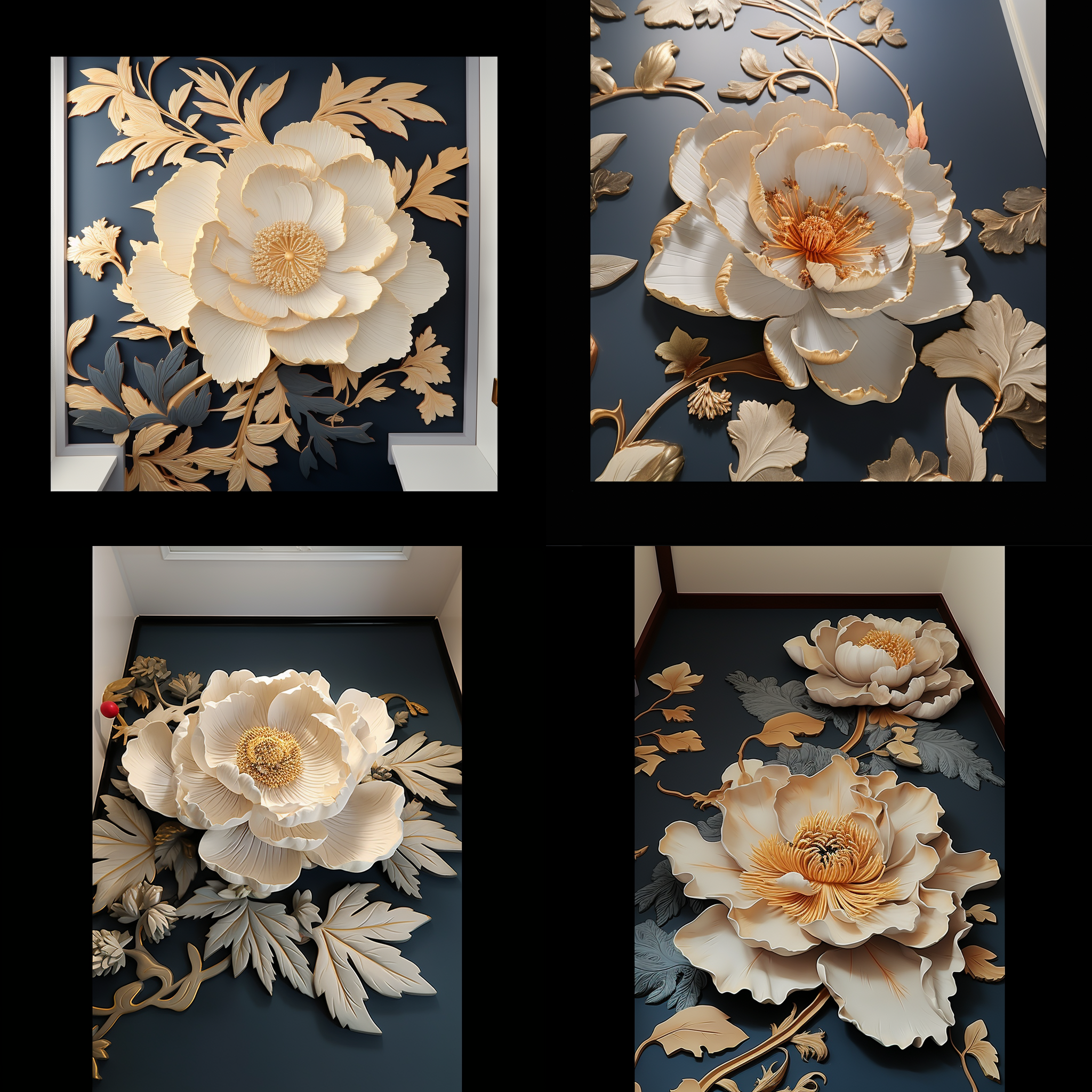 金色浮雕花，大花，牡丹，纯色灰背景，