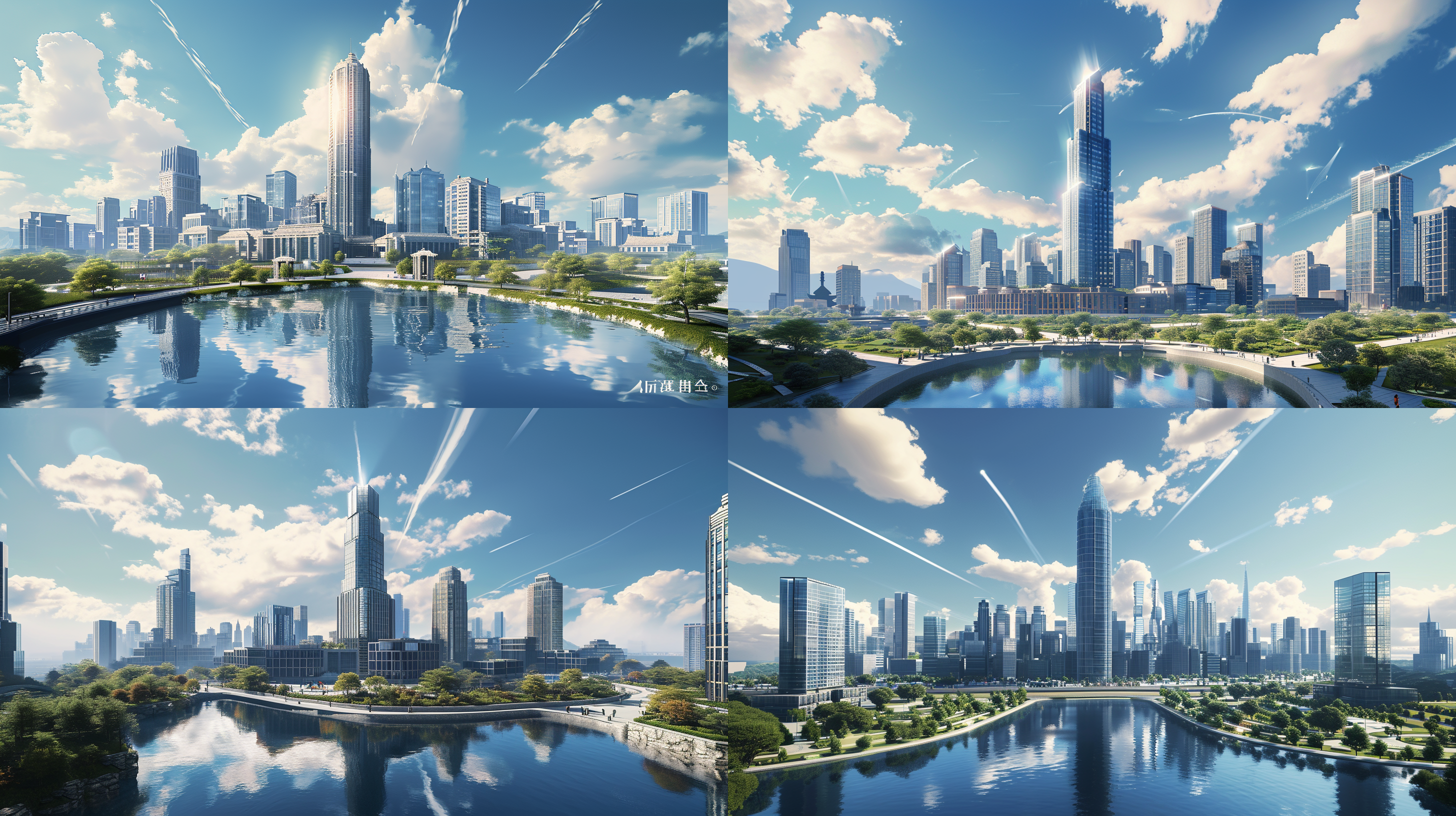 第二图，修改天空占图的一半，上半部都是蓝天白云，下部部分为建筑湖泊，