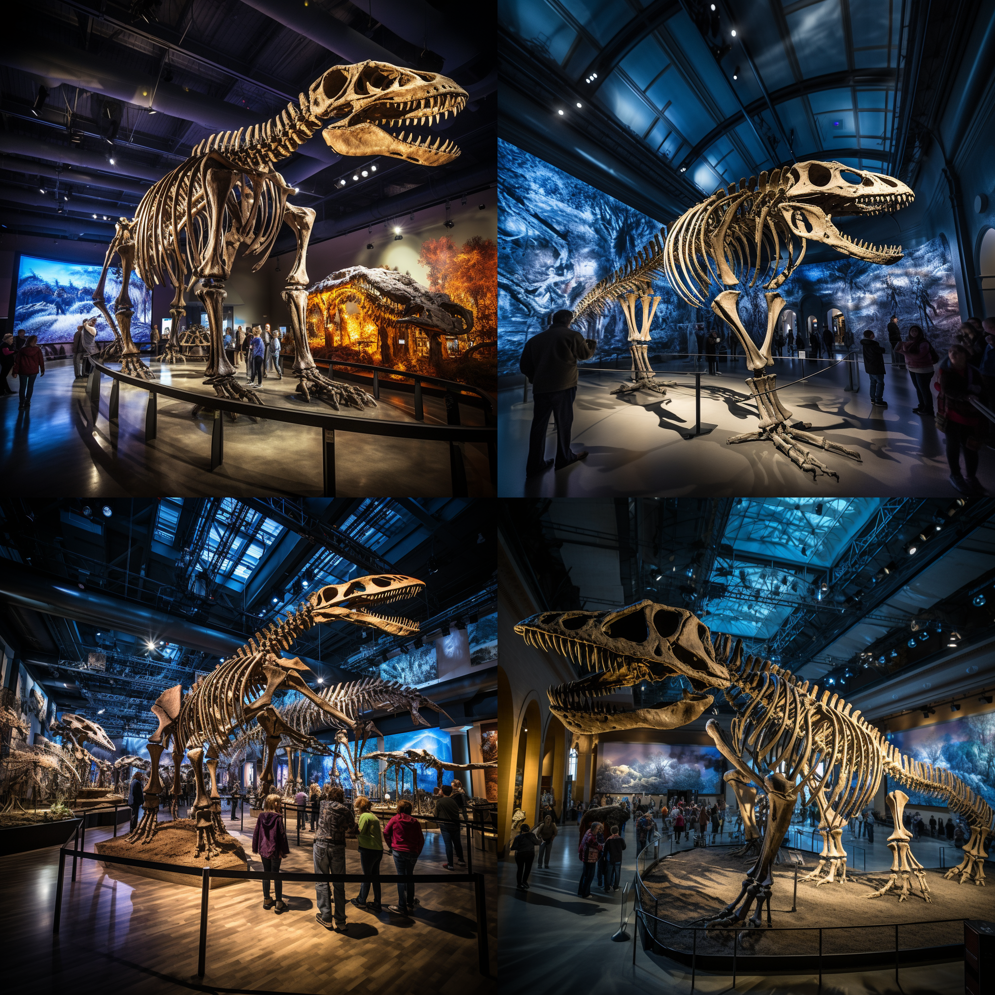 恐龙博物馆的古生物厅中心展示台，巨大的恐龙骨架傲然屹立，环绕着古老的化石和珍稀化石标本。透过广角镜头，拍摄出整个展示区域的壮观景象。明亮的灯光照亮了展示台上的恐龙骨架，令其栩栩如生，仿佛要跃入眼前。黑暗的背景衬托出恐龙的神秘感，给人一种回到史前时代的沉浸感。
