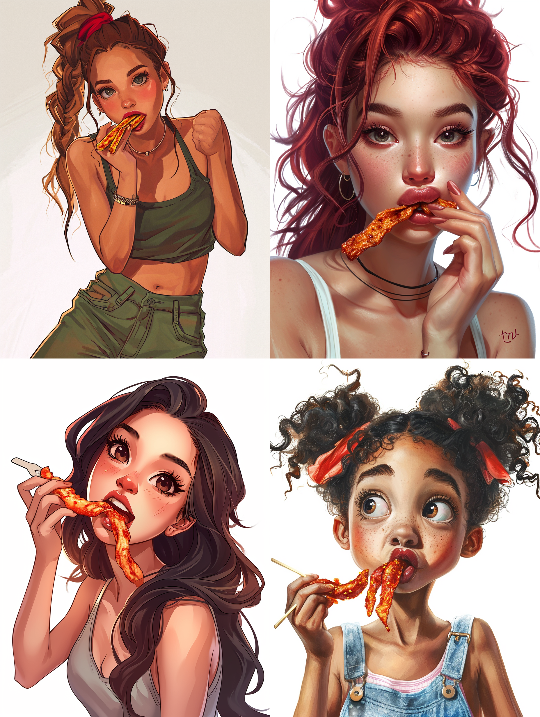 吃辣条的卡通女孩，白色背景，正面拍摄，柔和光线，饱和度高，快门速度适中，表情生动，眼神灵动，手中握着辣条，色彩丰富，活力四溢。