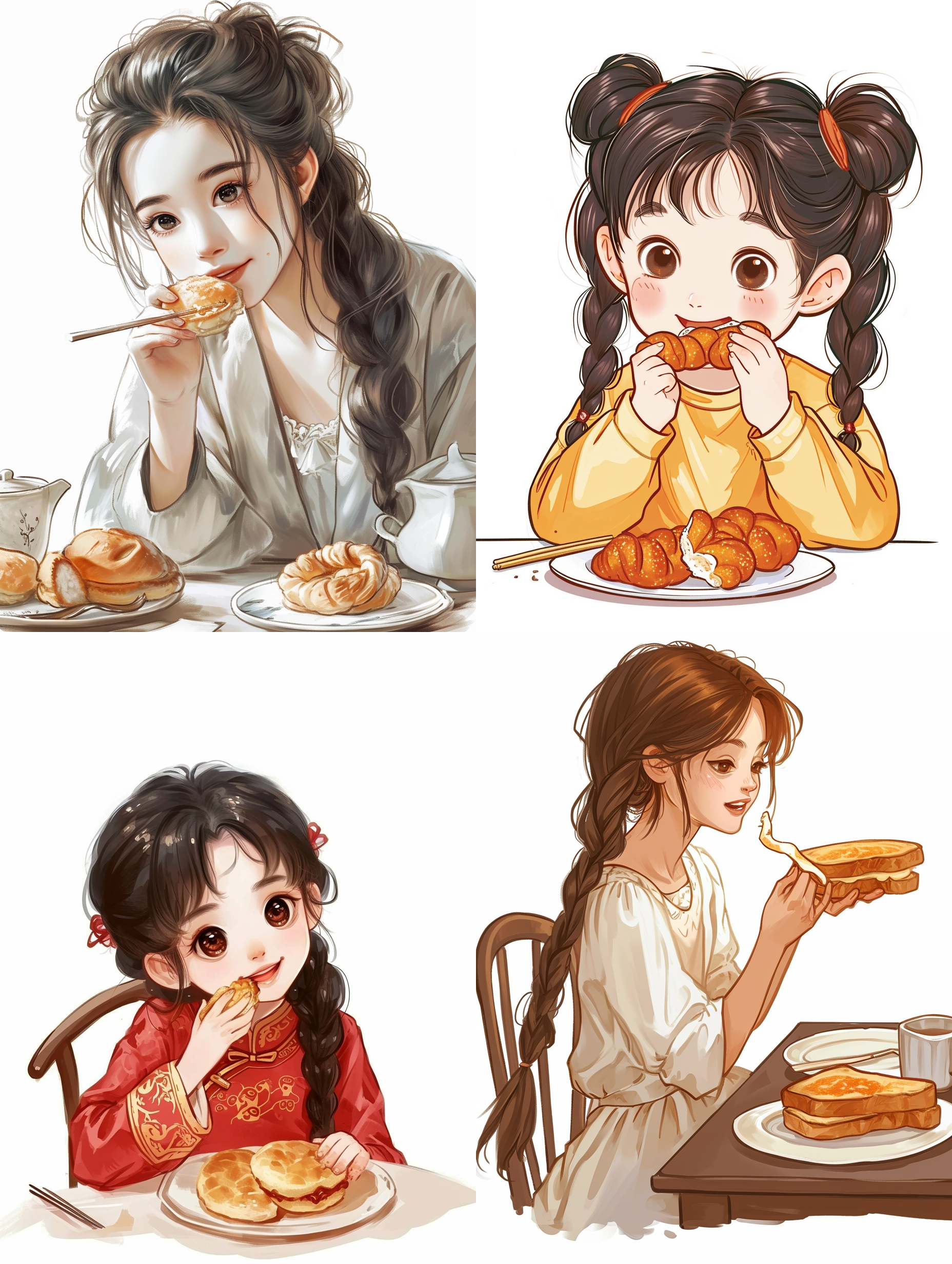 麻花辫中国卡通女孩，坐在餐桌前，吃着吐司，白色背景，中央构图，明亮光线，纯净感，幸福微笑，自然表情，细节清晰，青春活力。 