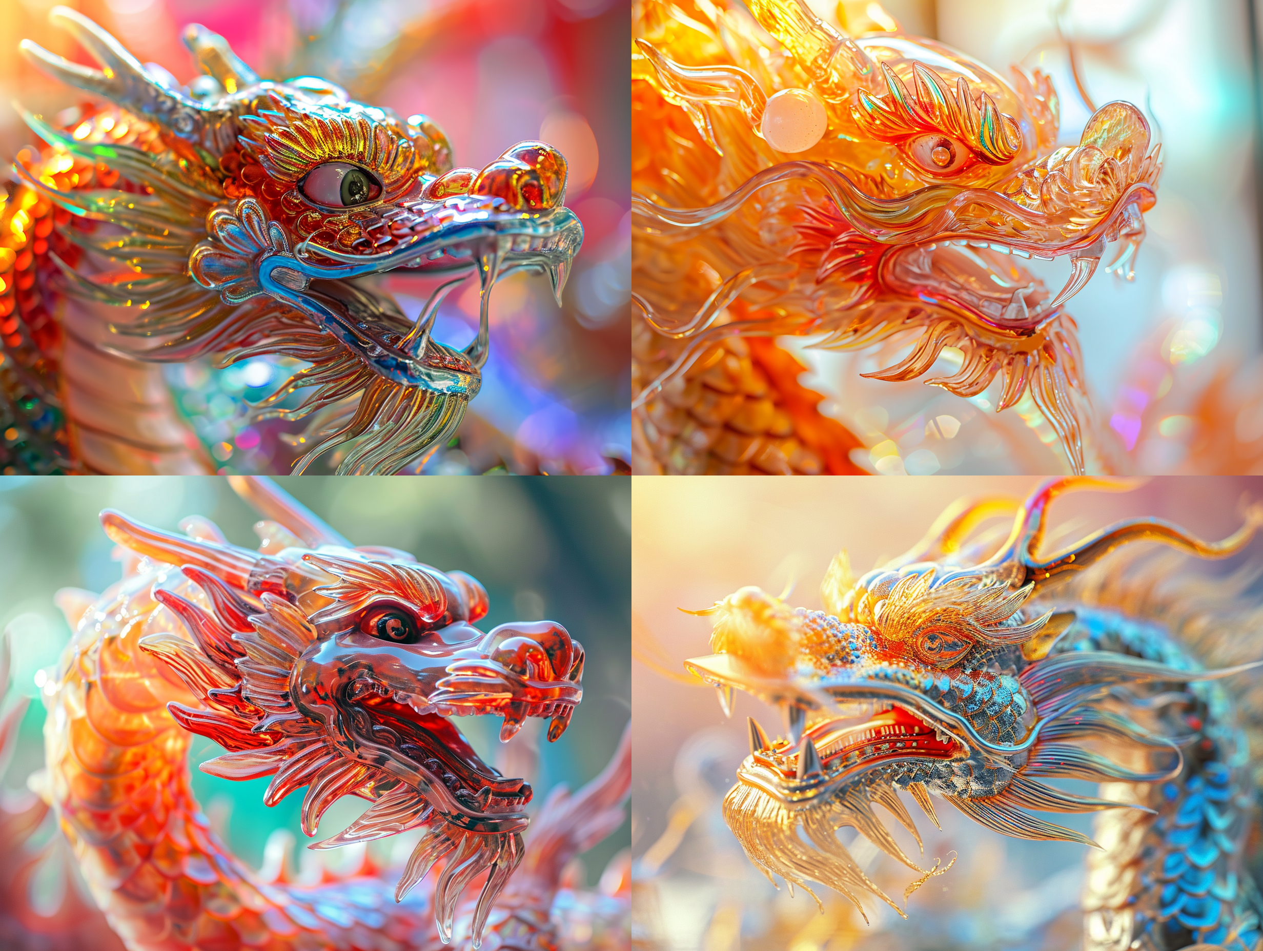 琉璃质感的中国龙，极度特写，夸张的透视，gopro拍摄效果，浅景深，自然光，明亮的彩色背景