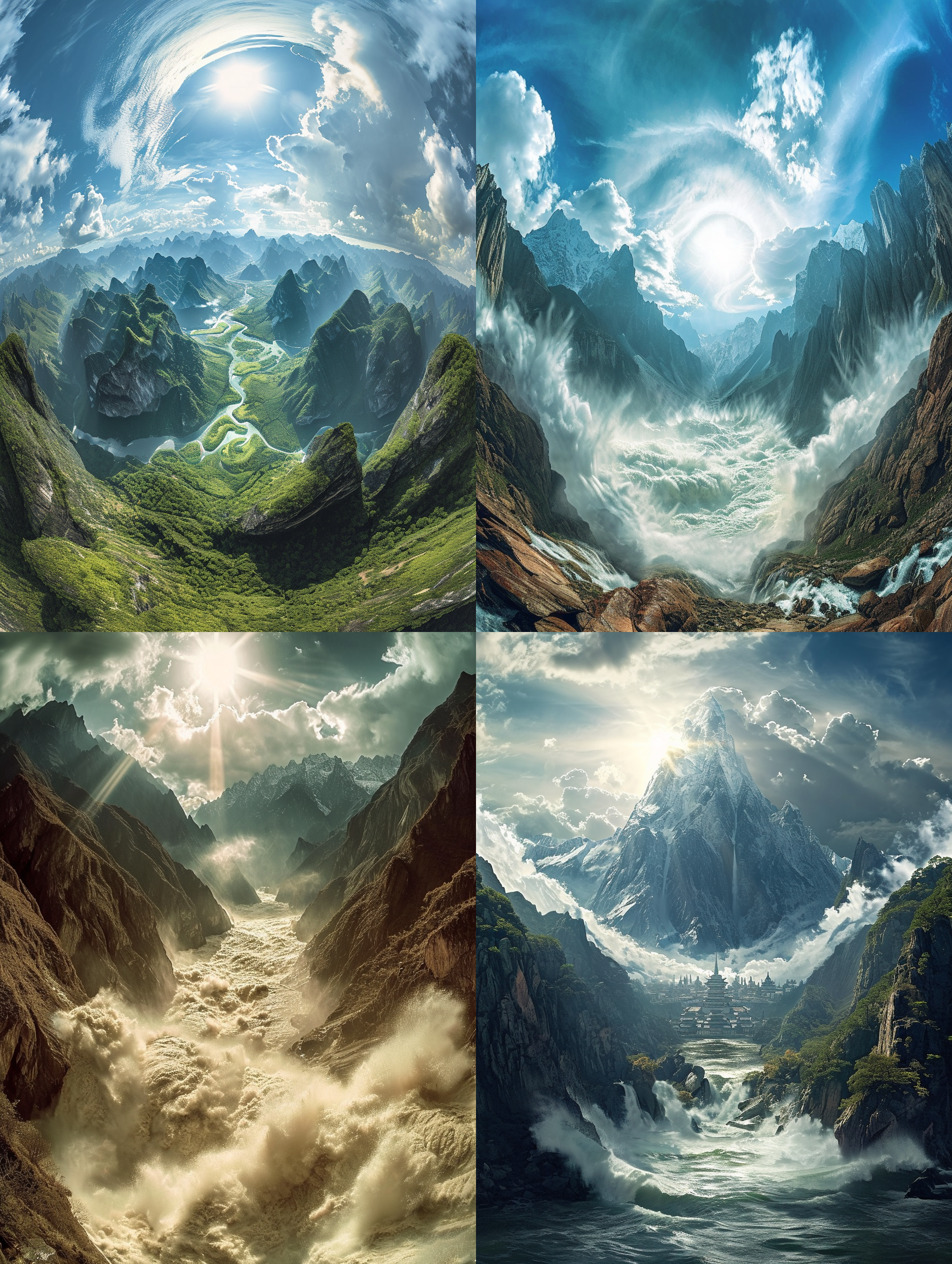 大禹治水，远景，宏伟山脉，史诗式，敞开的天空，鱼眼镜头，明亮的阳光，巨大的洪水，战胜恶势力，强大，力量，壮丽。