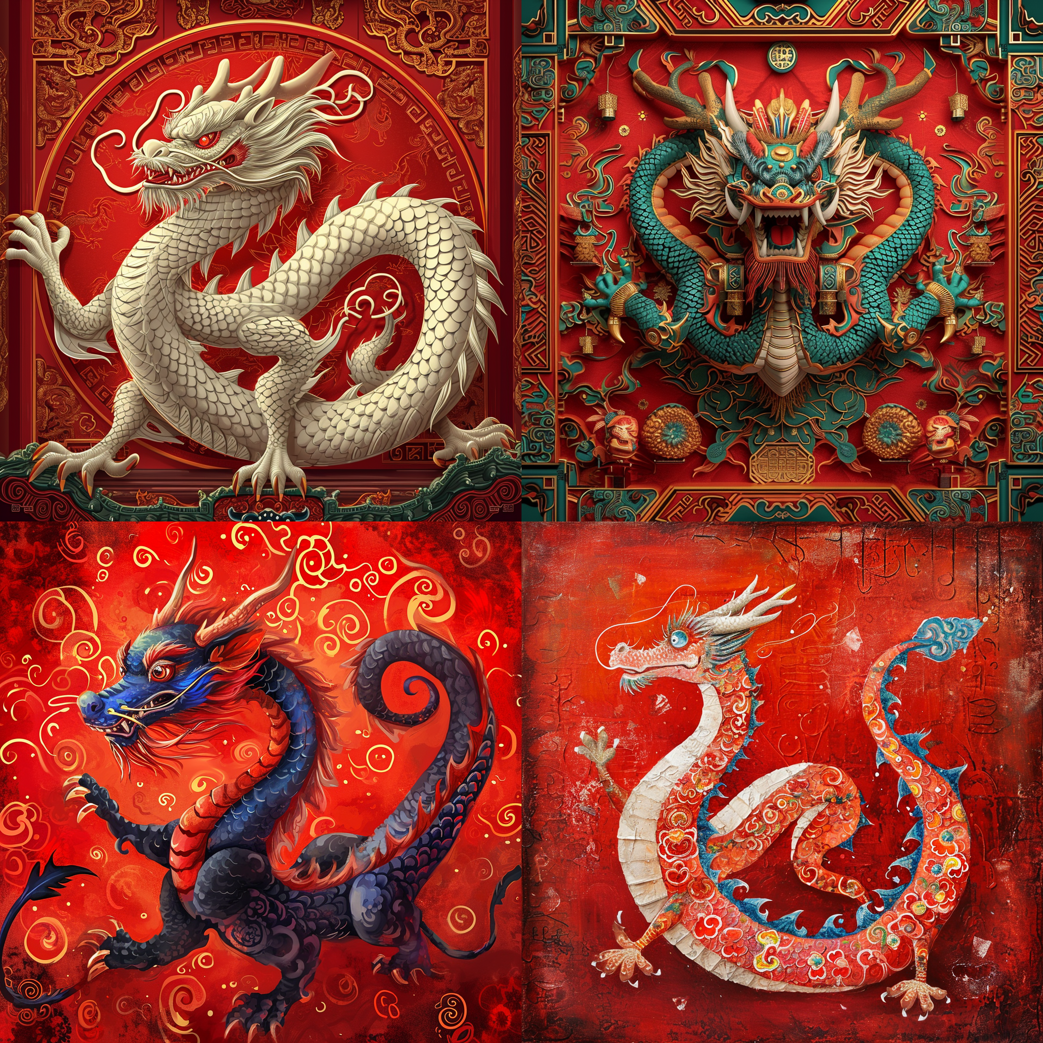 中国龙，红色背景，传统元素装饰，宽广的构图，明亮而柔和的光线，细节丰富，眼神友善，龙的爪子摆出v型，喜庆的颜色，欢乐的氛围。