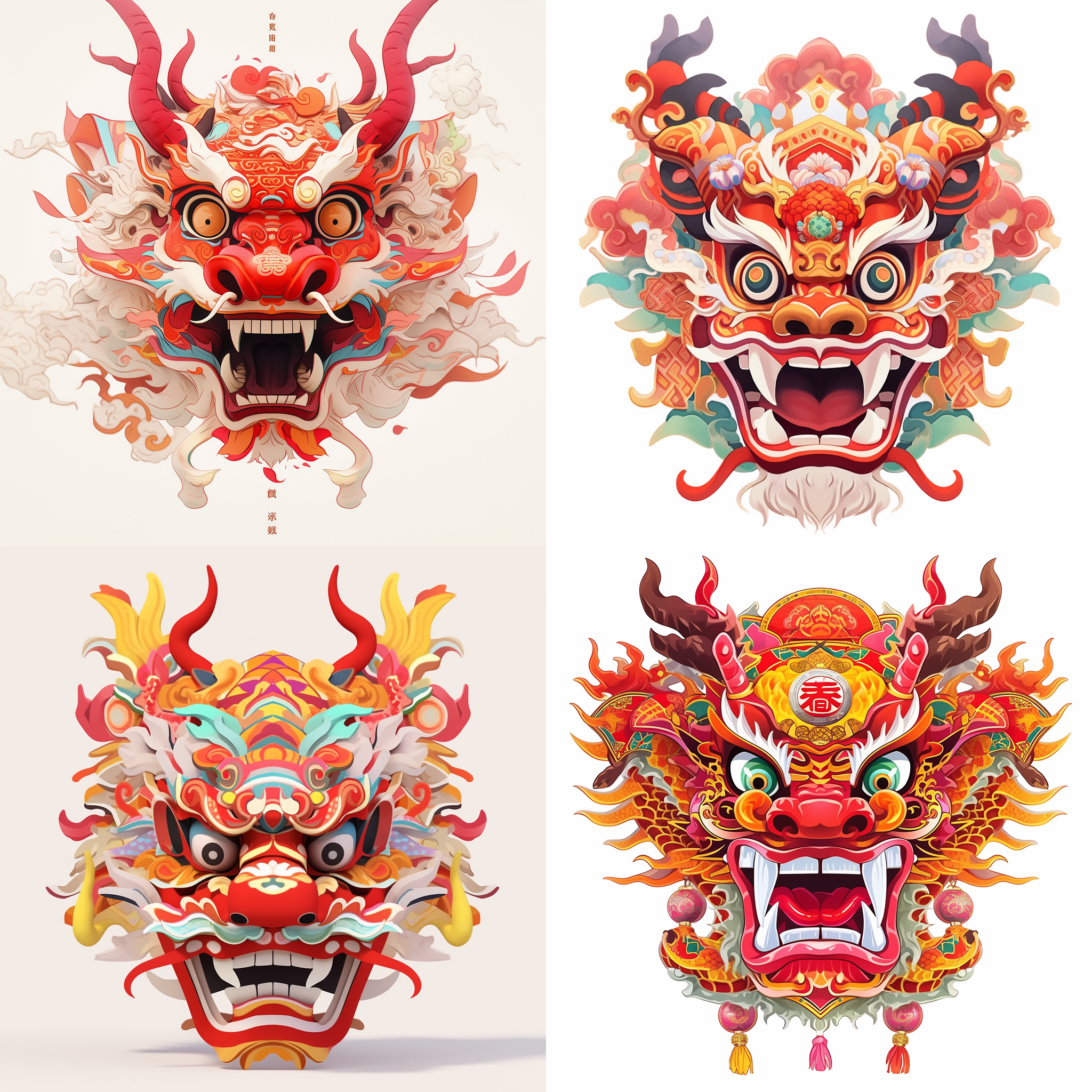 龙头正面 喜庆 手绘 国风 红色和黄色