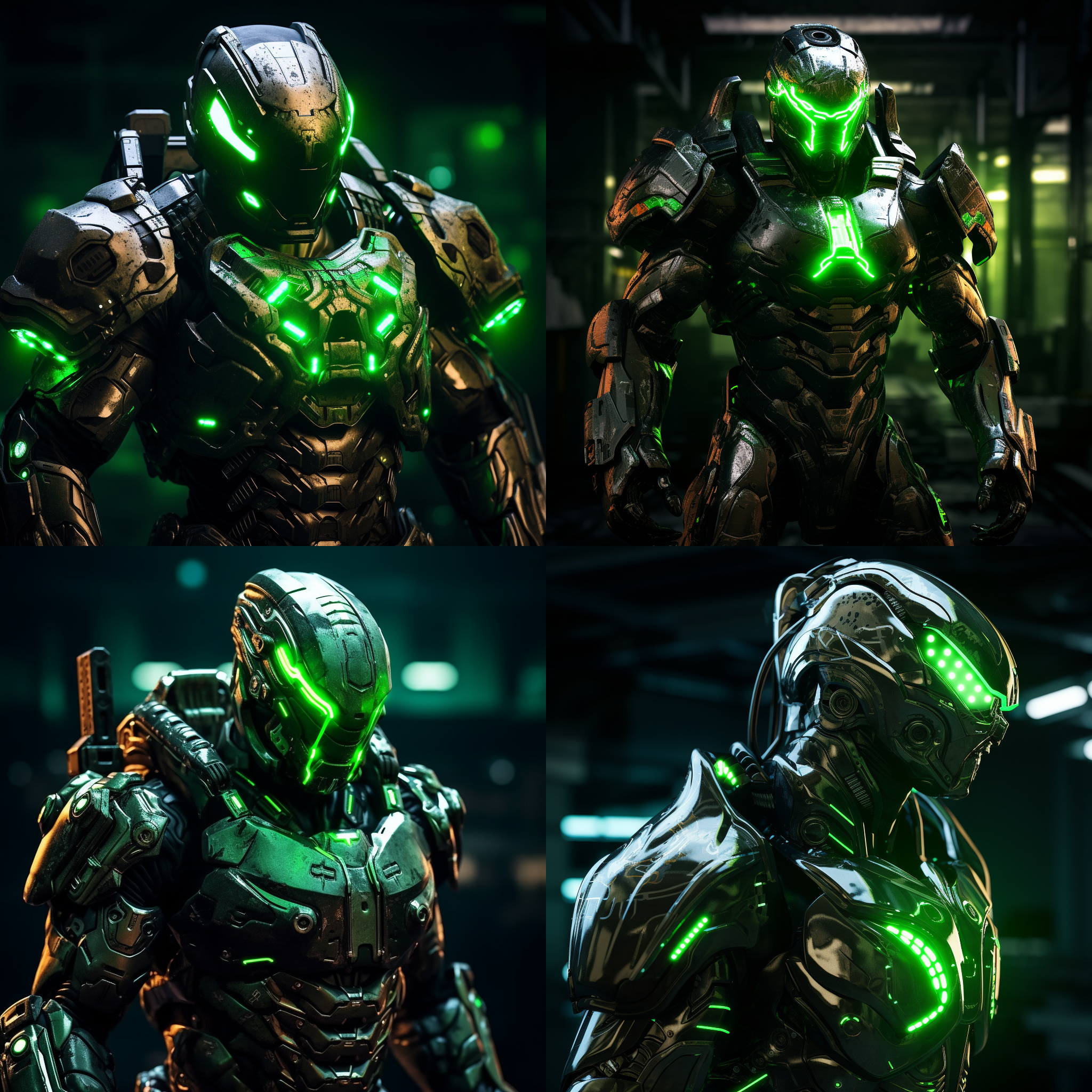 战甲展示，逆光拍摄，高对比度，莹绿色调，16k分辨率，全景风格，细节丰富，动态姿态，霓虹灯效果，未来科技，强大威力，震撼视觉。