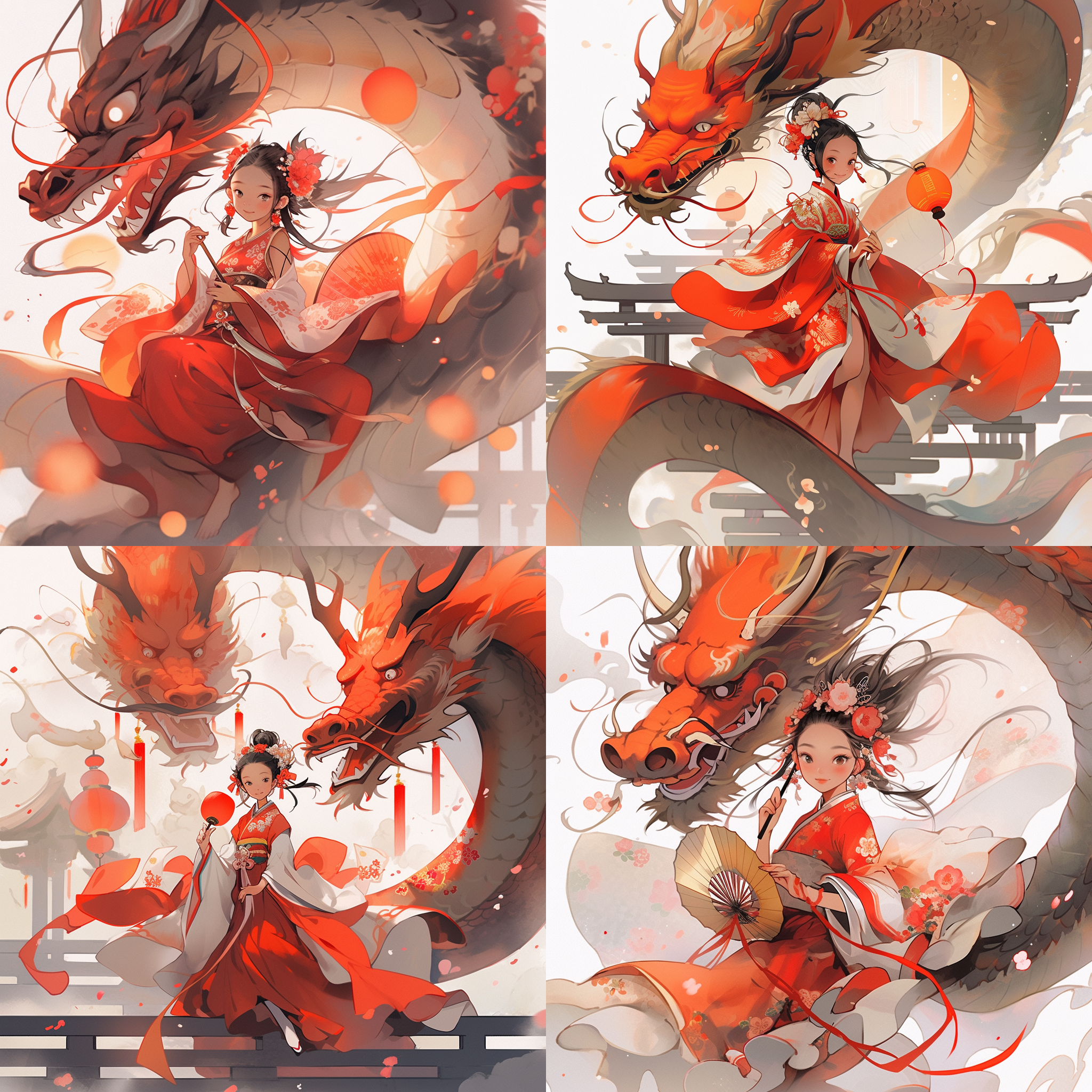 国风，山水画背景，古代建筑，女子穿着汉服，手持扇子，微笑，轻盈舞姿，层次感，柔和光线，静态，传统色调，优雅。