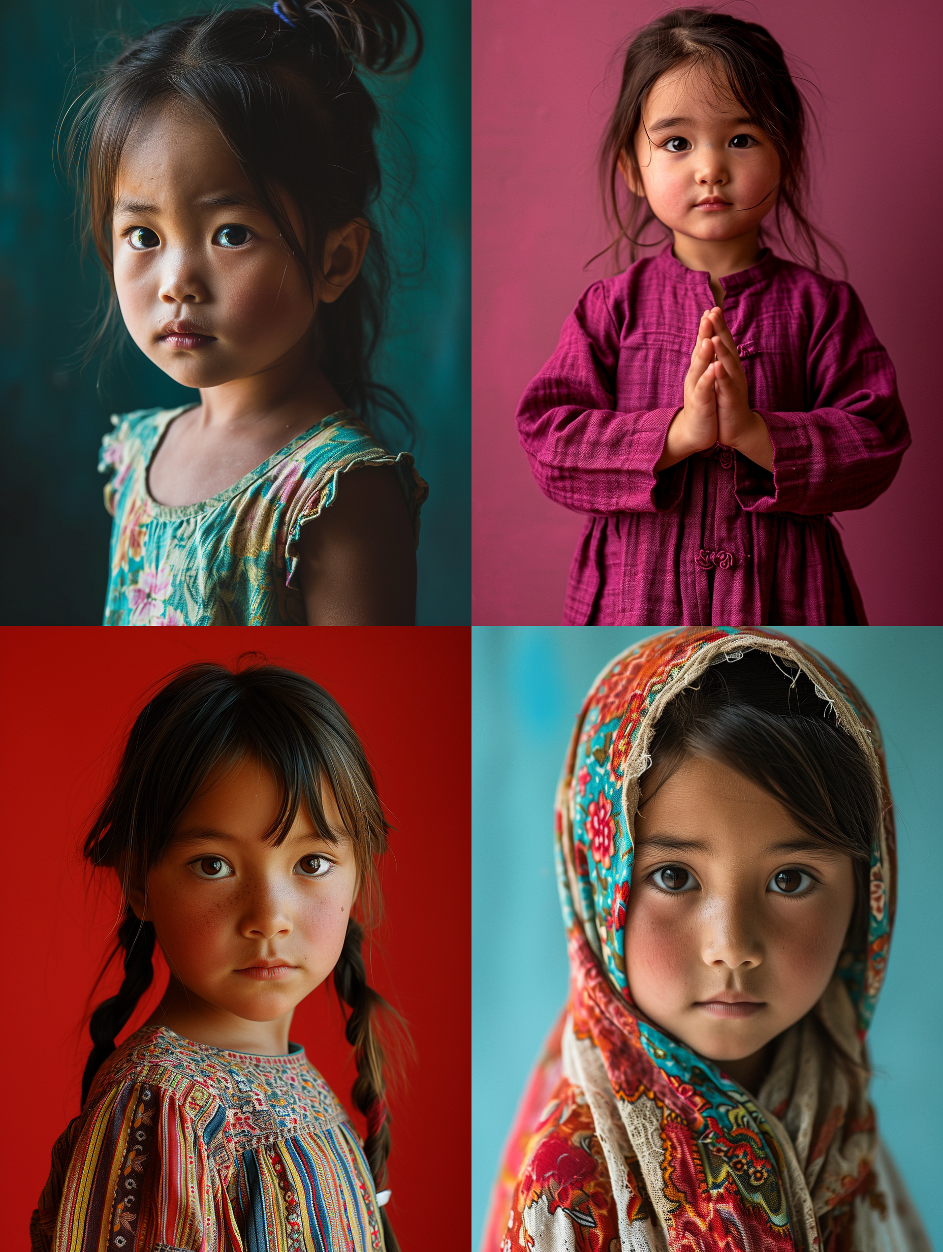 一个东方小女孩，纯色背景，摄影纪实，莱卡镜头 中景，全身，面对镜头 