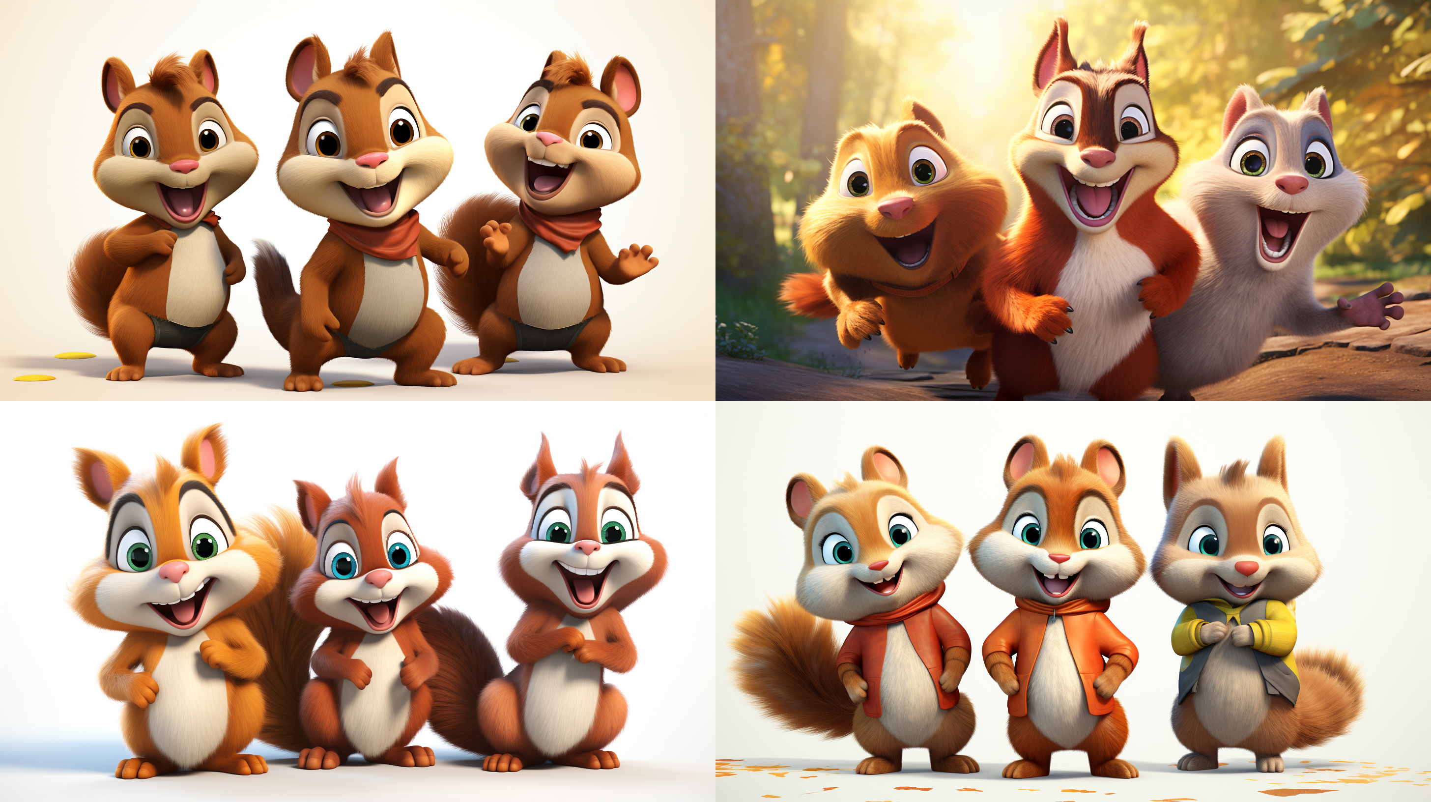 三只松鼠的标志，卡通，三只不同颜色的可爱松鼠，青春的主角，夸张的面部特征，动画的活力，童真的人物，顽皮的漫画 动画艺术 动画艺术