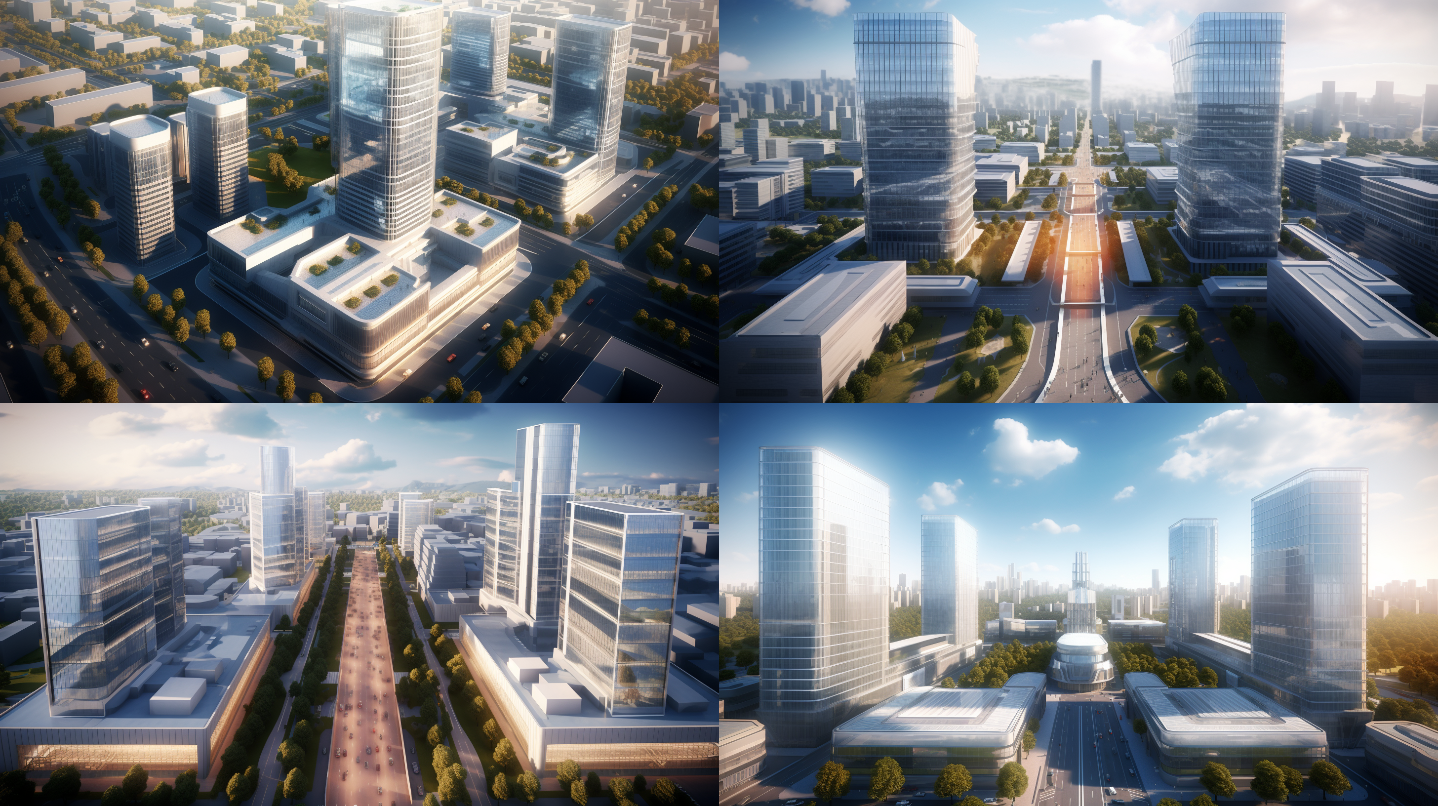 大楼俯瞰，高清2k，大场景，多建筑，对角线布局，现代风格，广角镜头，明亮光线，细节丰富，现代化，主体展现公司大楼。远景，完整建筑，增加天空面积