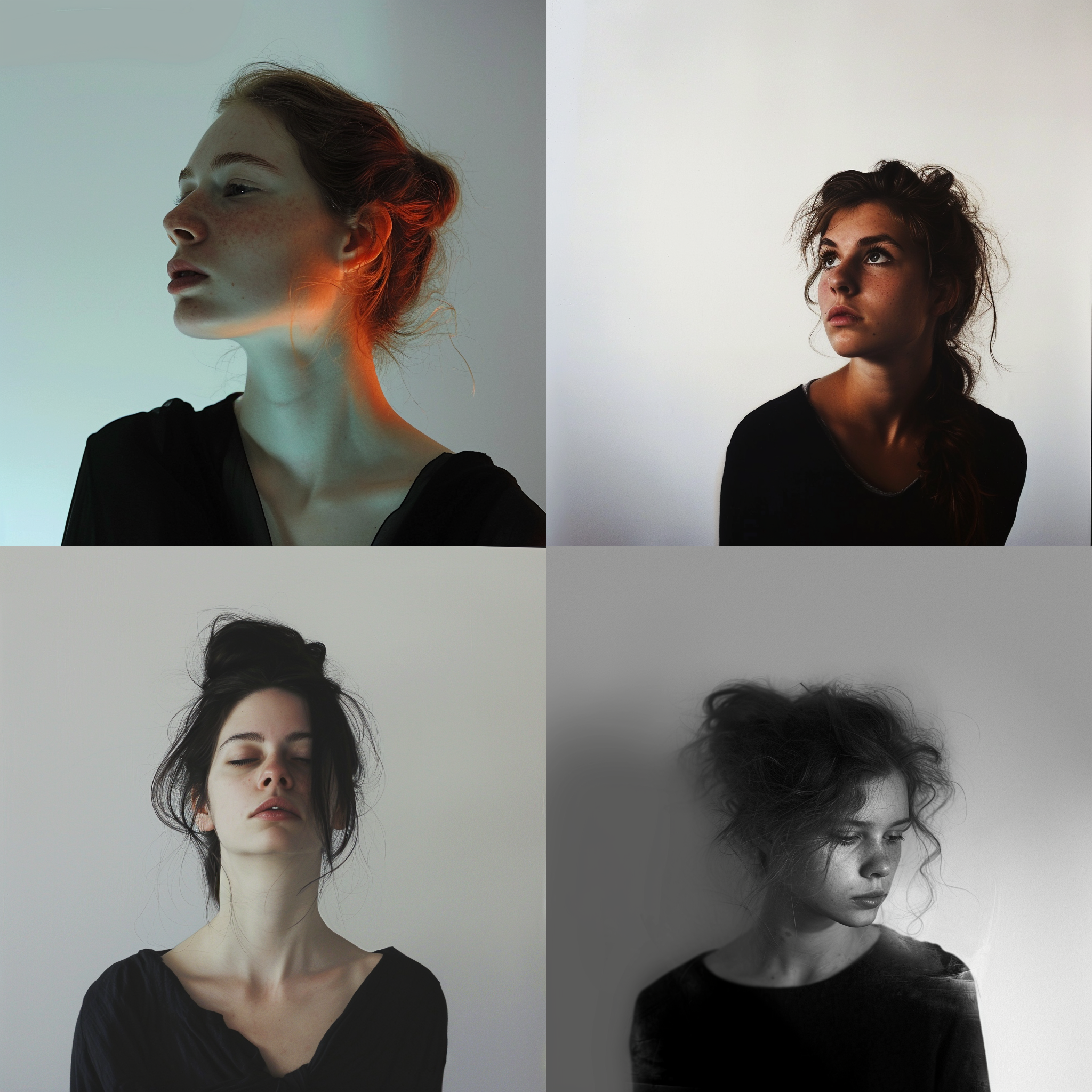 female,upper body portrait,head as the brightest area,the shoulders as the mid-tone area the rest of the body as the dark are, studio white background