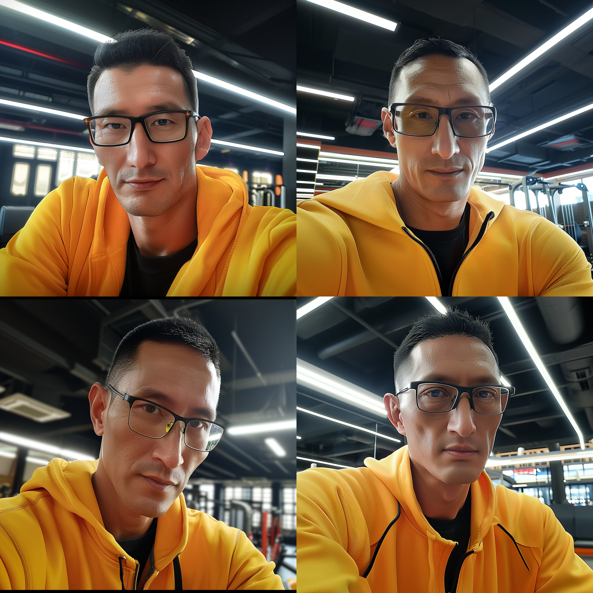 一个穿着黄色运动服，戴着眼镜的男人，在健身房，光线追踪，人物肖像 三维 黏土 迪士尼