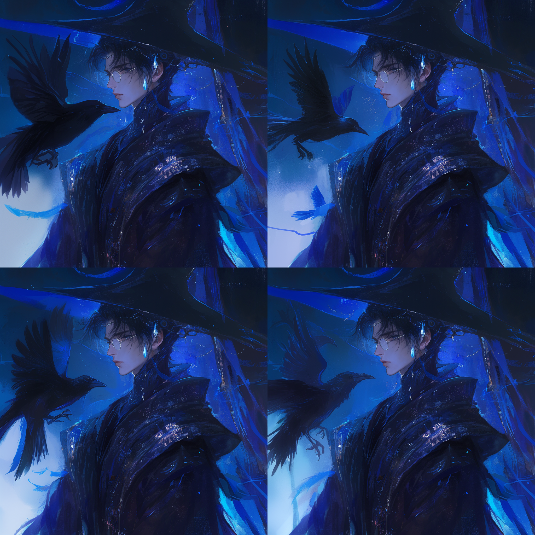 男青年，黑头发，黑眼珠，宽额头，瘦脸庞，穿黑色古典长袍，头戴尖顶软帽，一只水晶雕成的单片眼镜的形态戴在右眼，灰色雾气 暗黑幻想，中景特写，神秘氛围，蓝色调，逆光，细节丰富，朦胧美感，冷色调，超广角镜头，凝视，神秘。