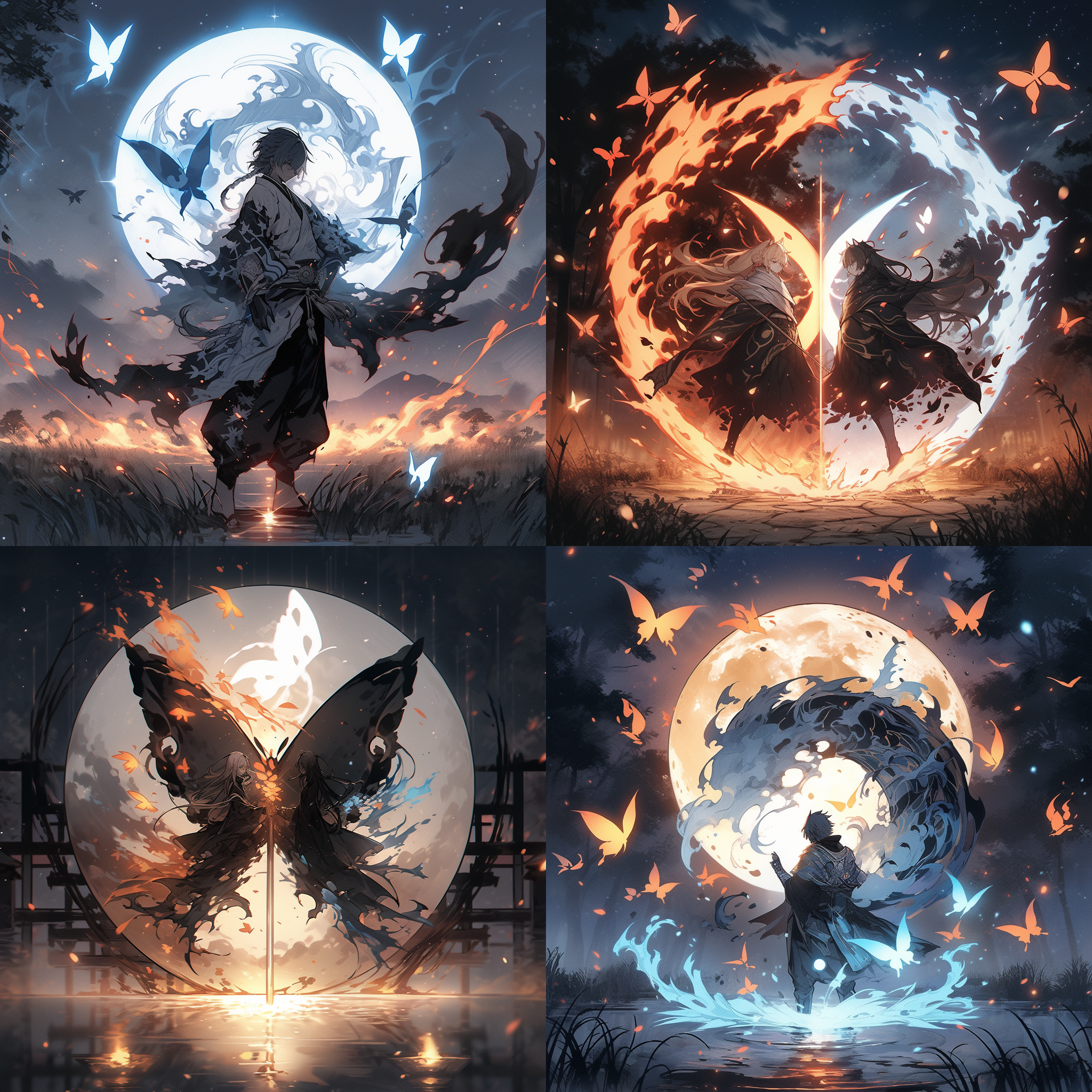 阴阳师，不知火，悬浮在天空，身体附近有两把巨大的扇子，火蝴蝶，黑色天空，圆月，唯美意境，光效
