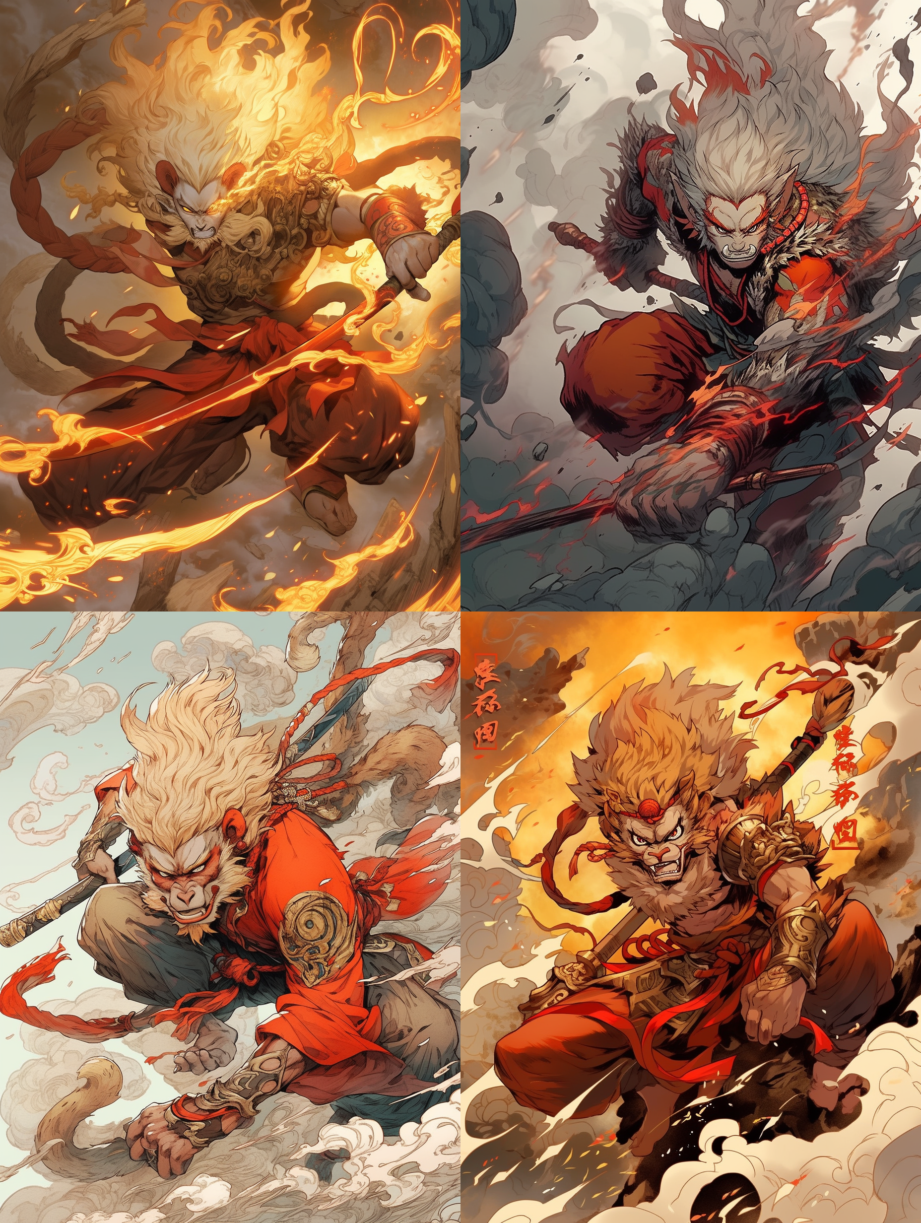 孙悟空三打白骨精，背景山谷，烟雾弥漫，反差大，色调冷峻，广角镜头，高速快门，火焰般的拳脚，威猛有力，激烈战斗，紧张刺激。