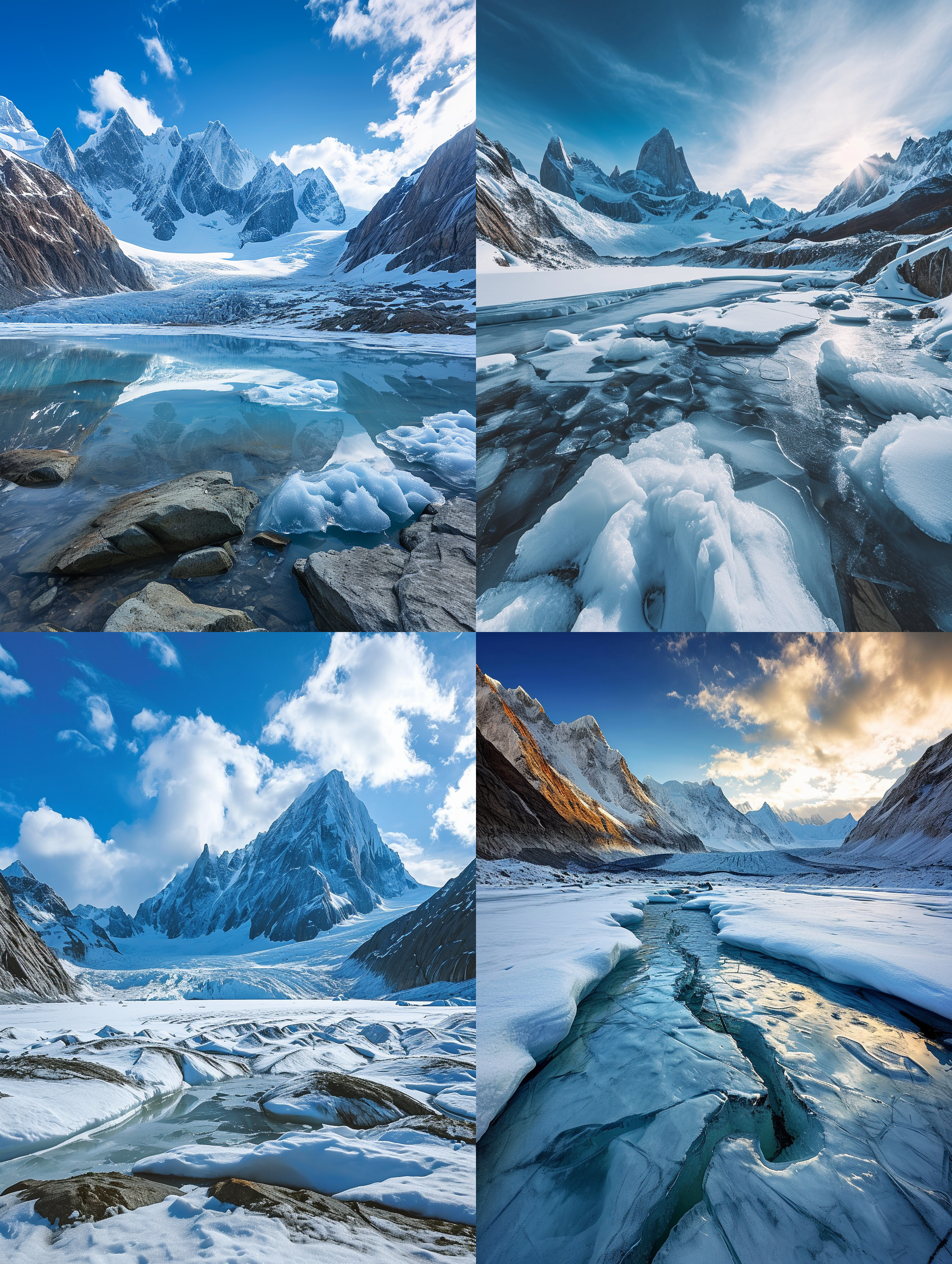 冰河世纪，壮丽的冰川景色，宏伟的山脉环绕，天空湛蓝，白雪皑皑。远处的冰川流淌着清澈的溪水，映照出耀眼的阳光。镜头使用广角镜头捕捉到广阔的冰川和壮丽的山脉。冰河世纪，震撼人心的自然奇观，纯净与力量的象征，给人以庄严和敬畏之情。