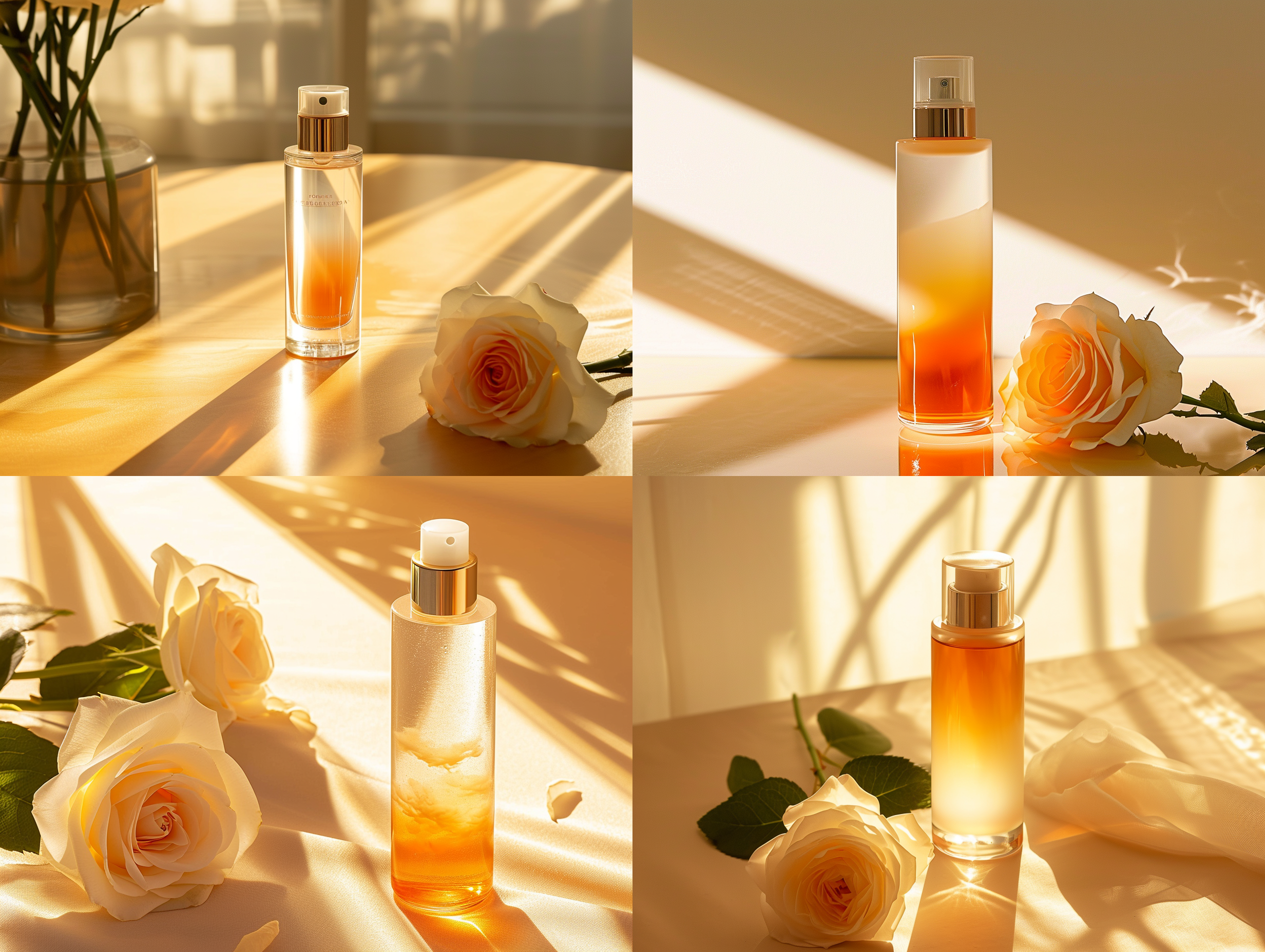 产品摄影，开放的梳妆台场景，左右两侧空白。阳光从左边照进来，整个场景笼罩在柔和明亮的金色色调中。梳妆台中央放着一瓶护肤水和一朵白玫瑰。圆柱形瓶体由玻璃材料制成，从上到下呈橙色到白色渐变色，瓶盖具有金属光泽。阳光透过护肤水玻璃瓶反射，使用自然逼真的摄影、清洁、简单和相机聚焦的护肤水 居中构图 居中构图