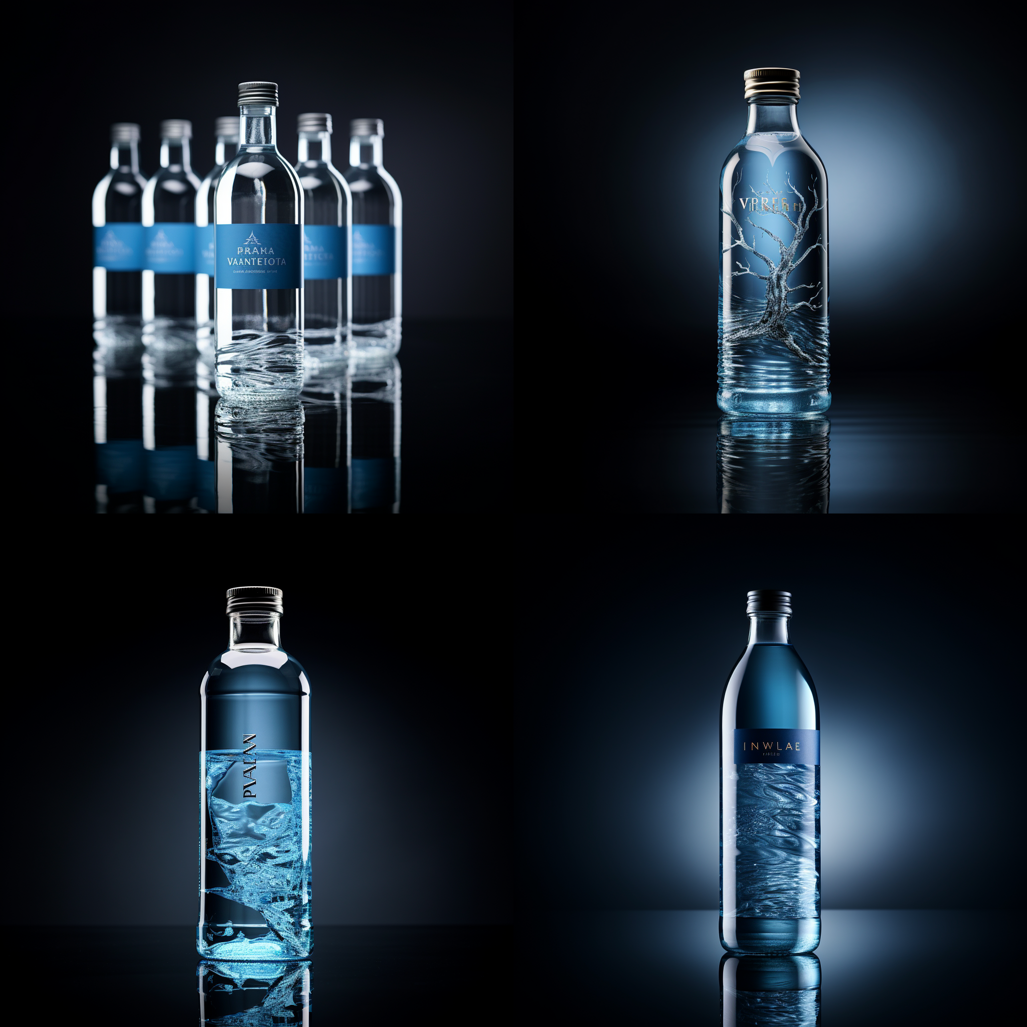 水瓶包装，简约风格，深色背景，正面特写，倾斜构图，柔和光线，广角镜头，清晰细节，蓝色主题，清新感，简洁美。