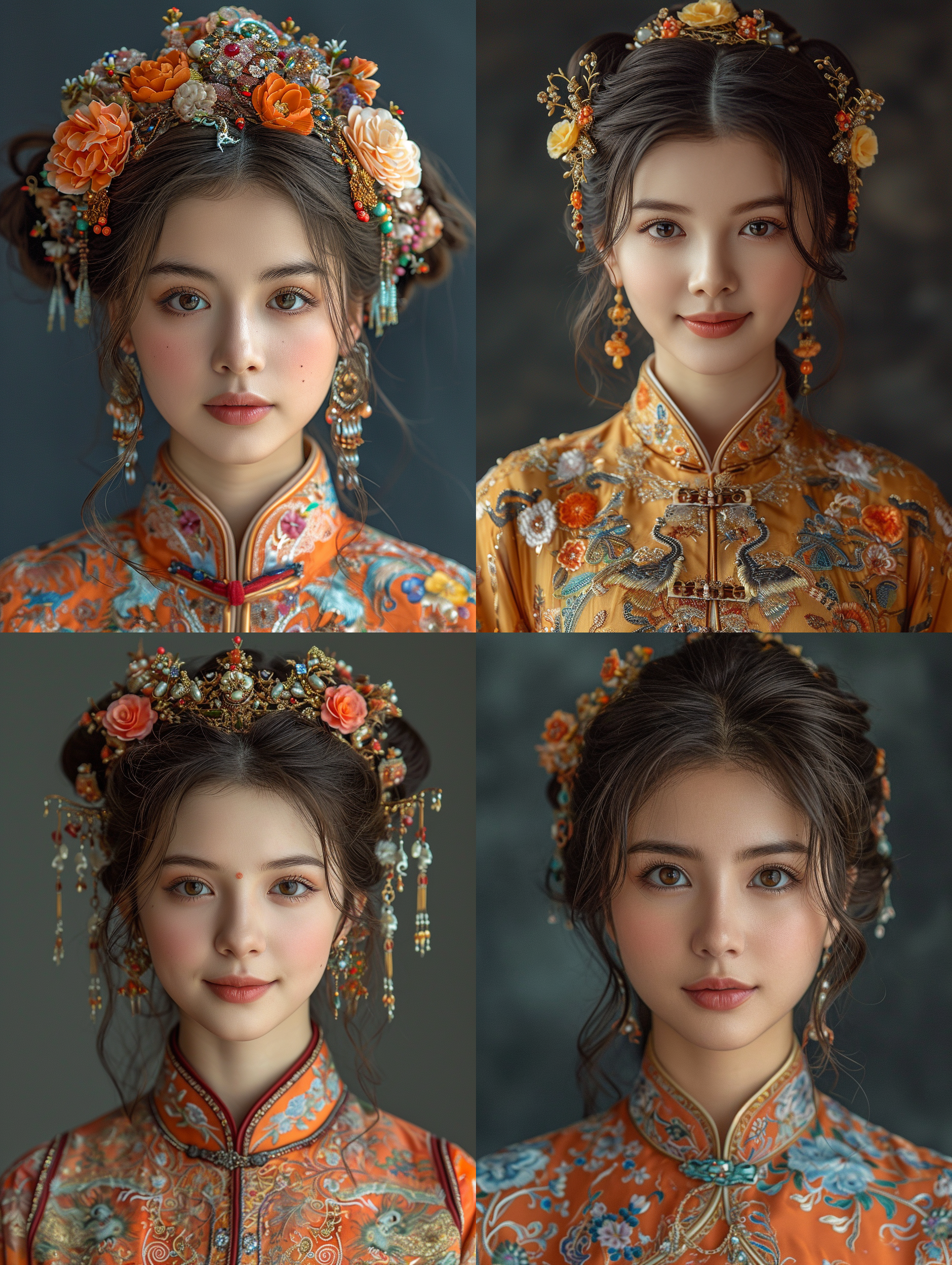 微笑的中国漂亮女孩，穿着古代清朝服饰，渐变黑色背景，细节丰富，色彩鲜艳，脸部表情自然，传统气息，自信，优雅， 超现实主义 全身 对称构图 工作室照明 伦勃朗光 中式服装