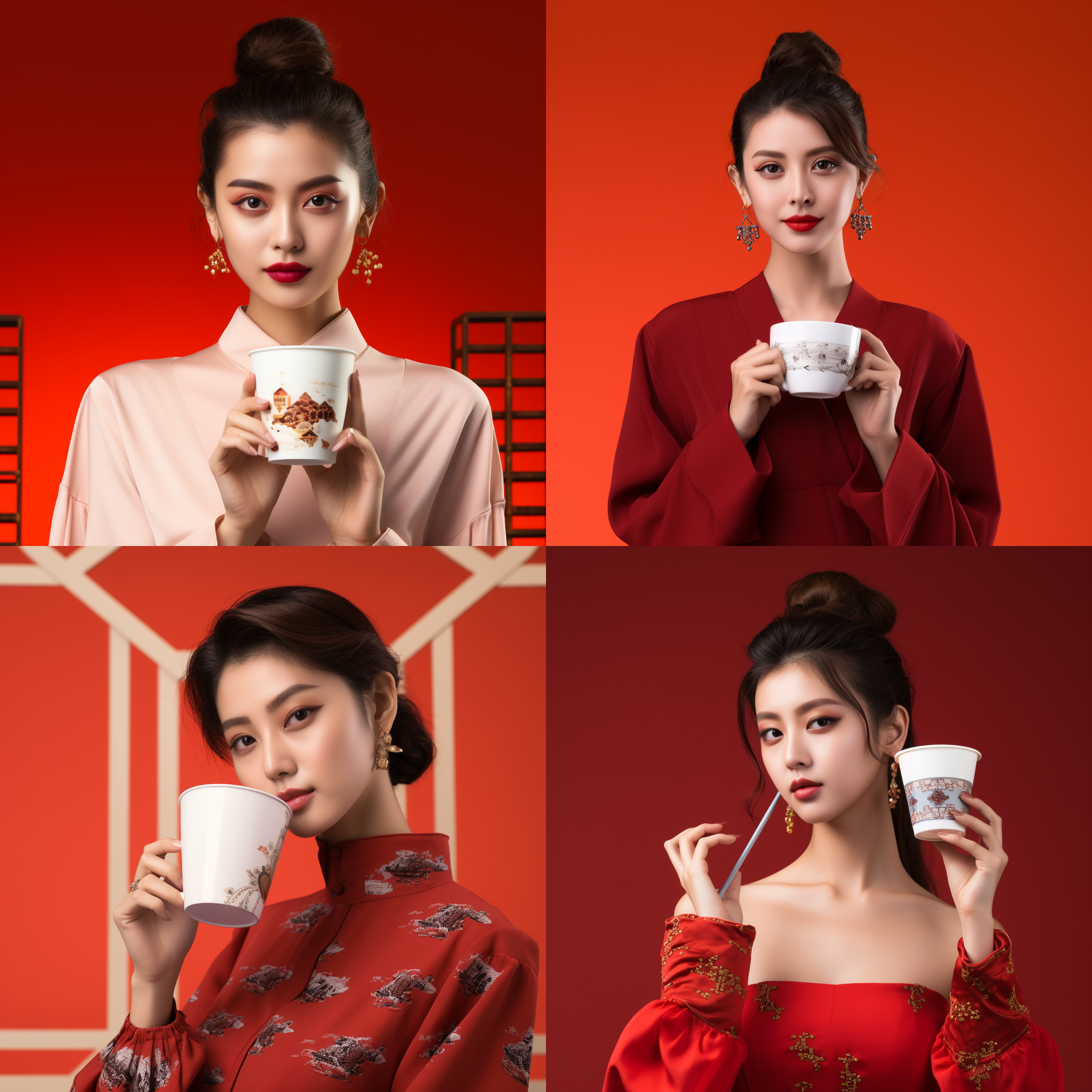 年轻高级感国际模特，手拿一杯奶茶，中国风模特，高级脸，红色背景，中国，年龄20多岁，手里拿着一杯奶茶