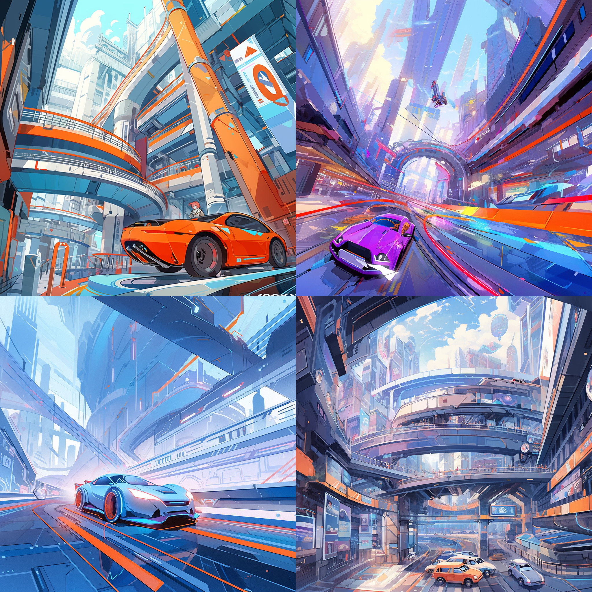 未来世界，大楼与大楼之间有管道相连，汽车在管道中穿行。构图对角线布局，高科技风格，城市环境，鱼眼镜头，流线型汽车，蓝色照明，高速行驶，动感十足，未来主义，现代感，刺激。