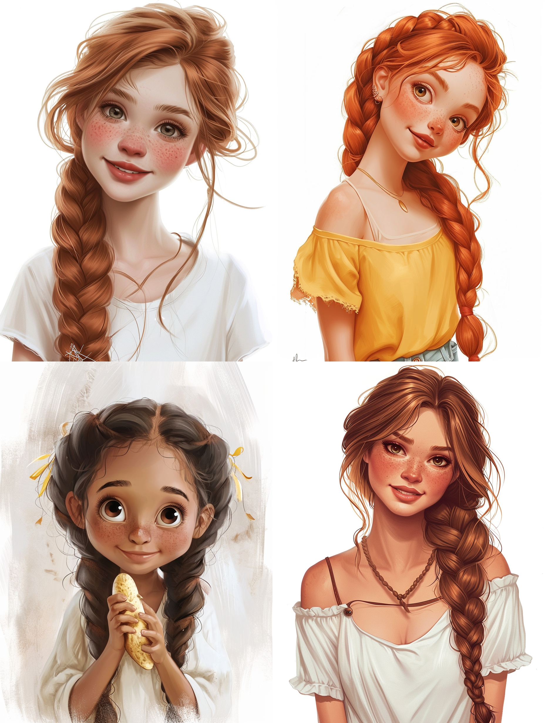 麻花辫卡通女孩，白色背景，中央构图，明亮光线，纯净感，微笑，自然表情，细节清晰，肖像摄影，柔光，温暖色调，纯白色，青春活力。